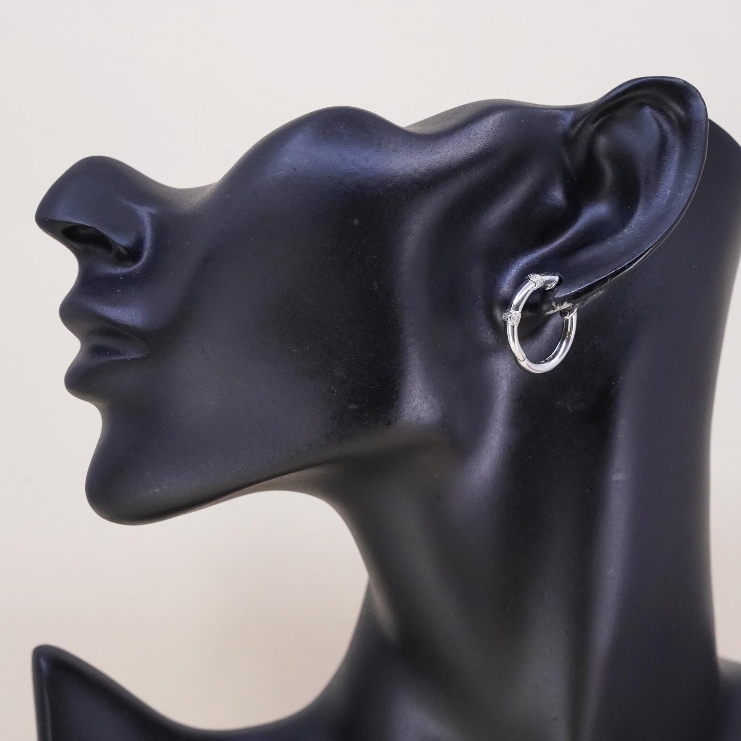 0.75", Vintage sterling silver loop single earring, bamboo hoop with diamonds