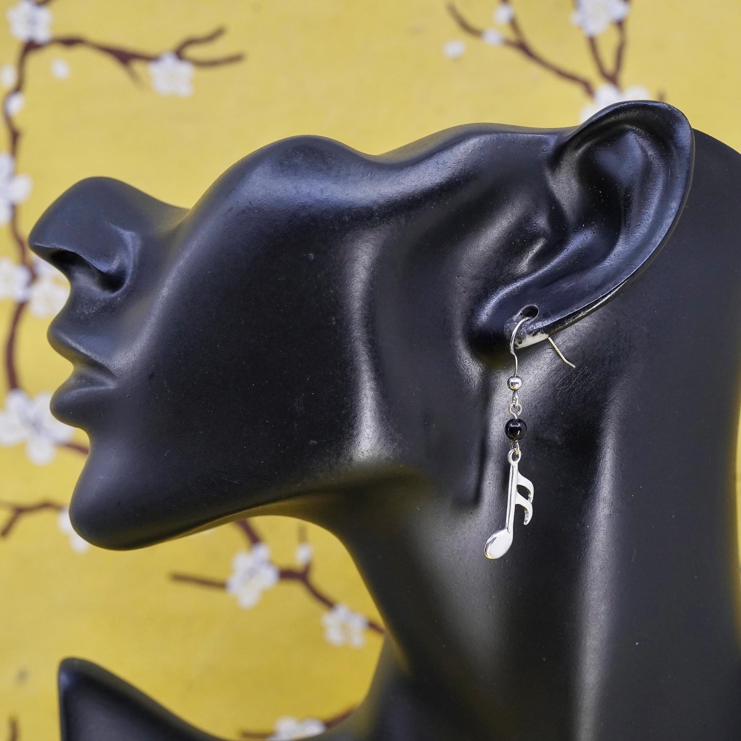 Vintage Sterling 925 silver handmade music note earrings with onyx beads