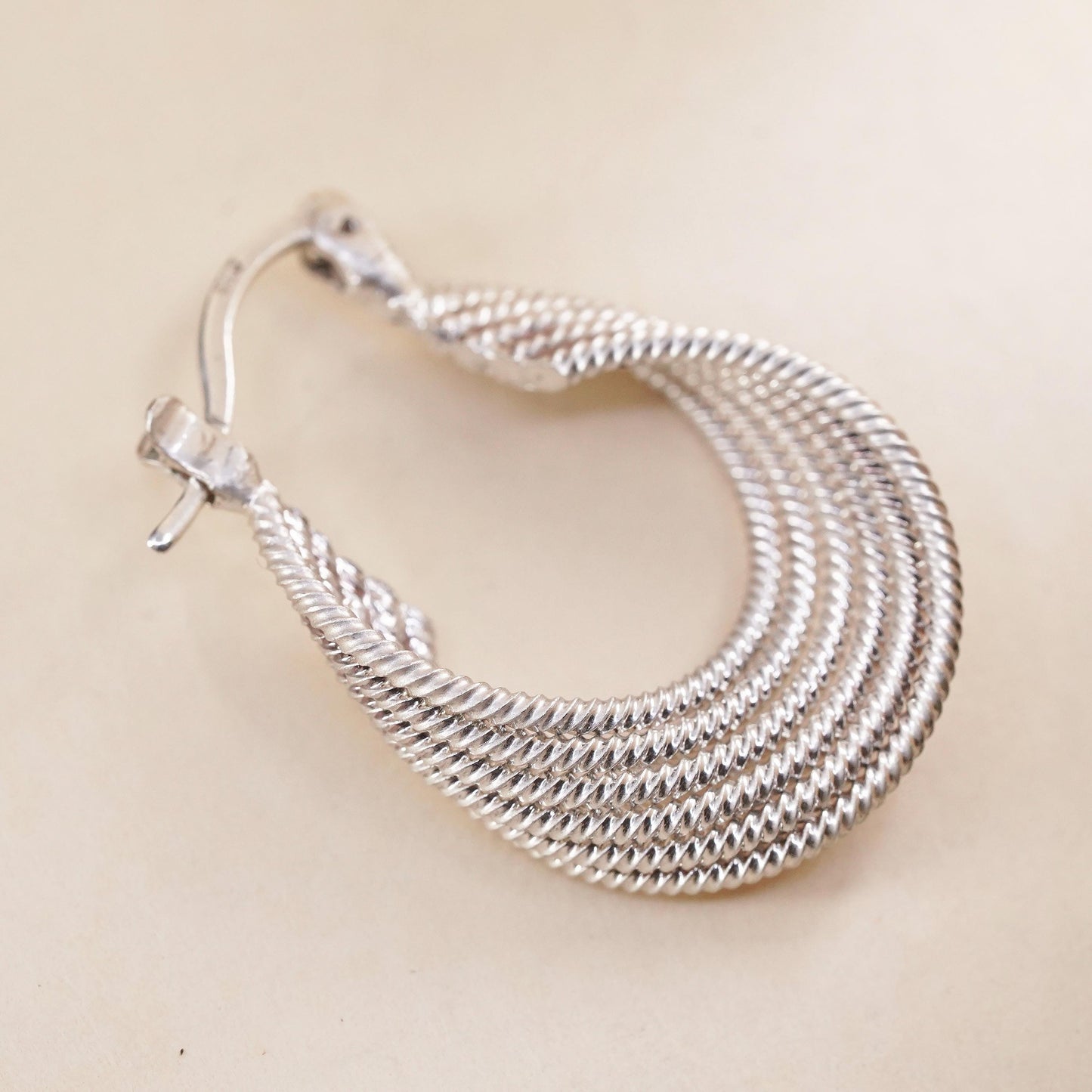 1", Vintage sterling silver loop single earring, ribbed primitive twisted hoop