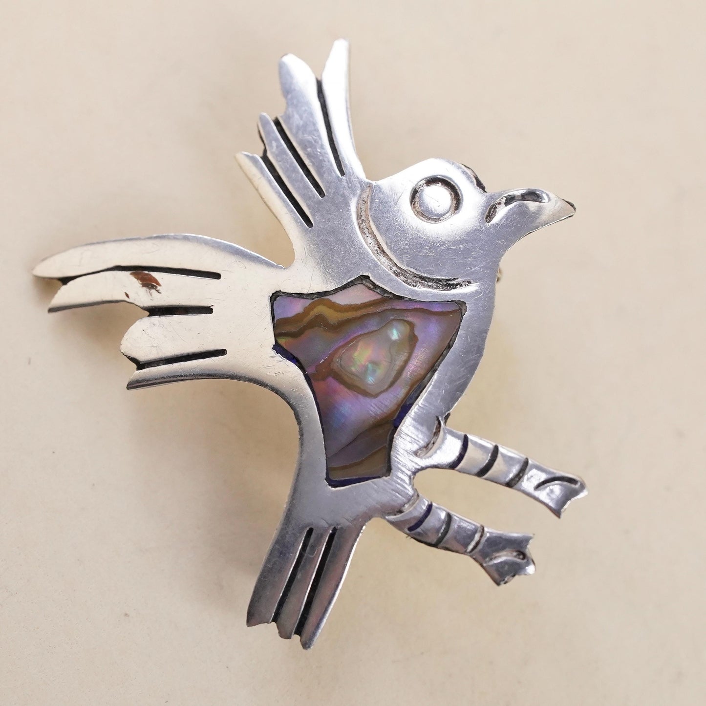 Taxco Sterling Silver Abalone Bird Brooch, Mexican Dove Pin Inlay Shell Jewelry