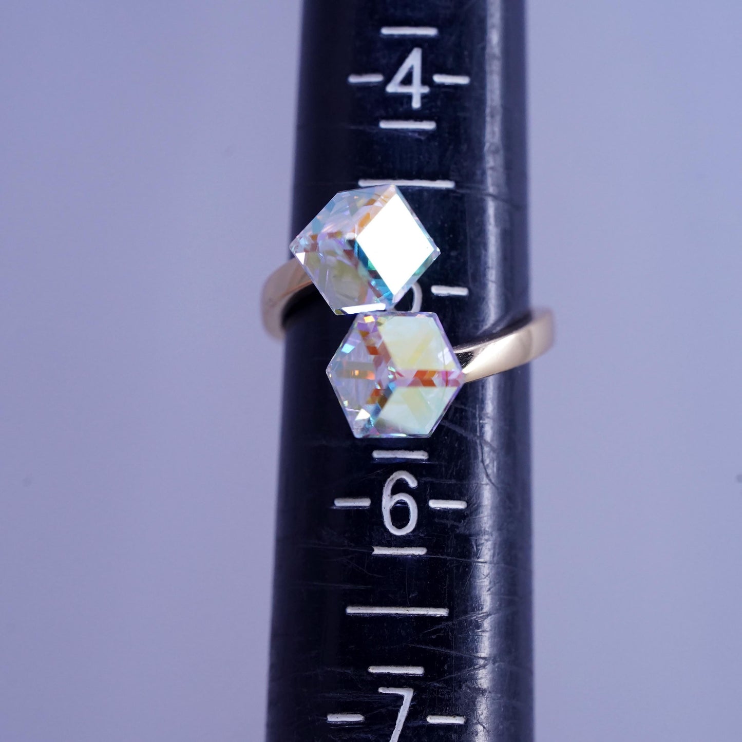 Size adjustable, gold plated sterling 925 silver wrap ring ab crystal cube ends
