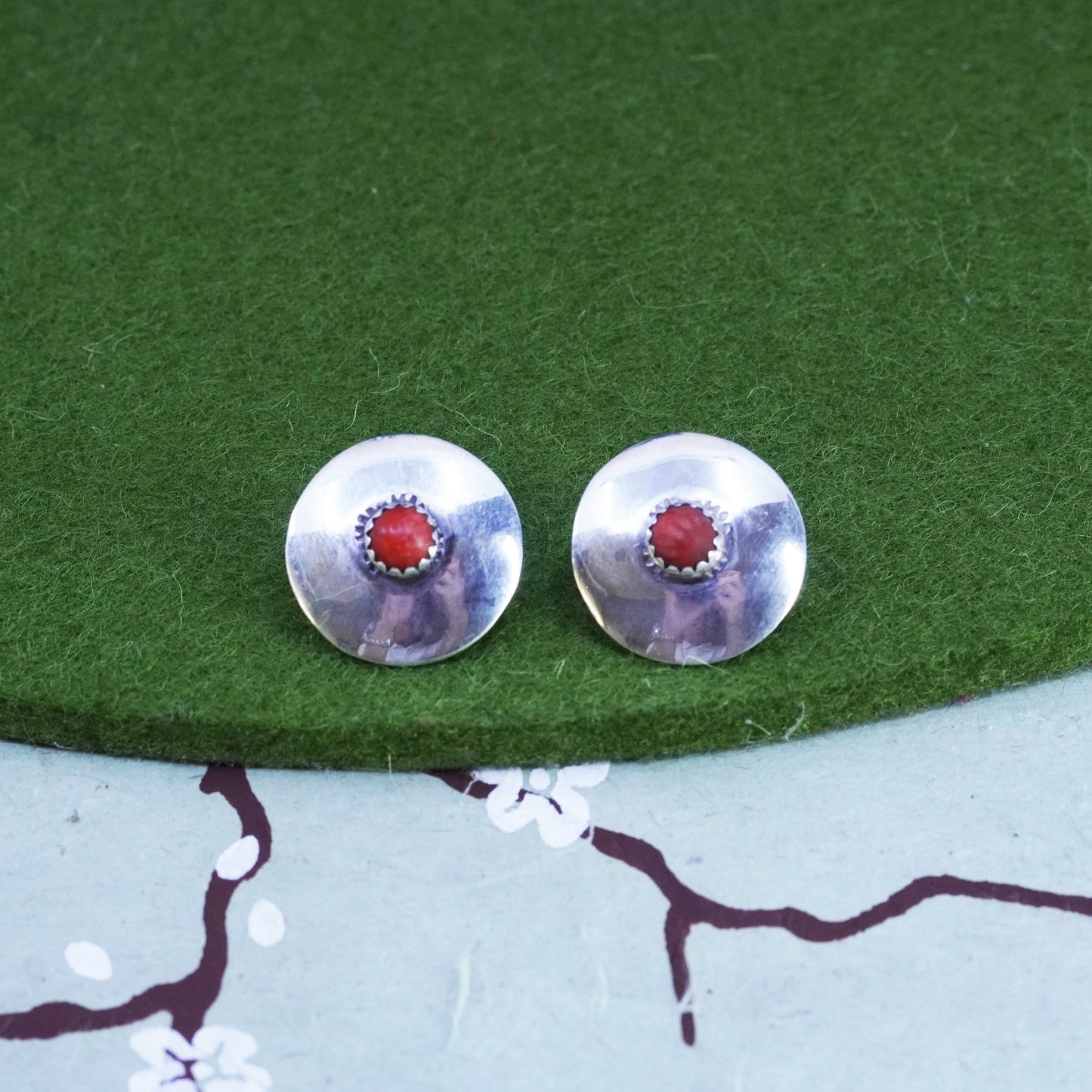 Native American Ernest Wood sterling silver 925 coral studs, handmade earrings