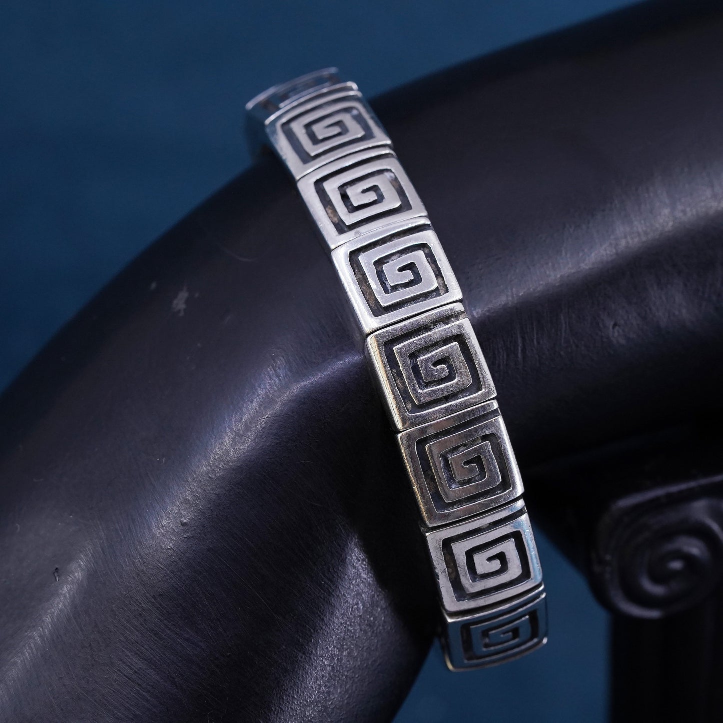 5.75”, Sterling silver bracelet, 925 Greek key bracelet with leather strap