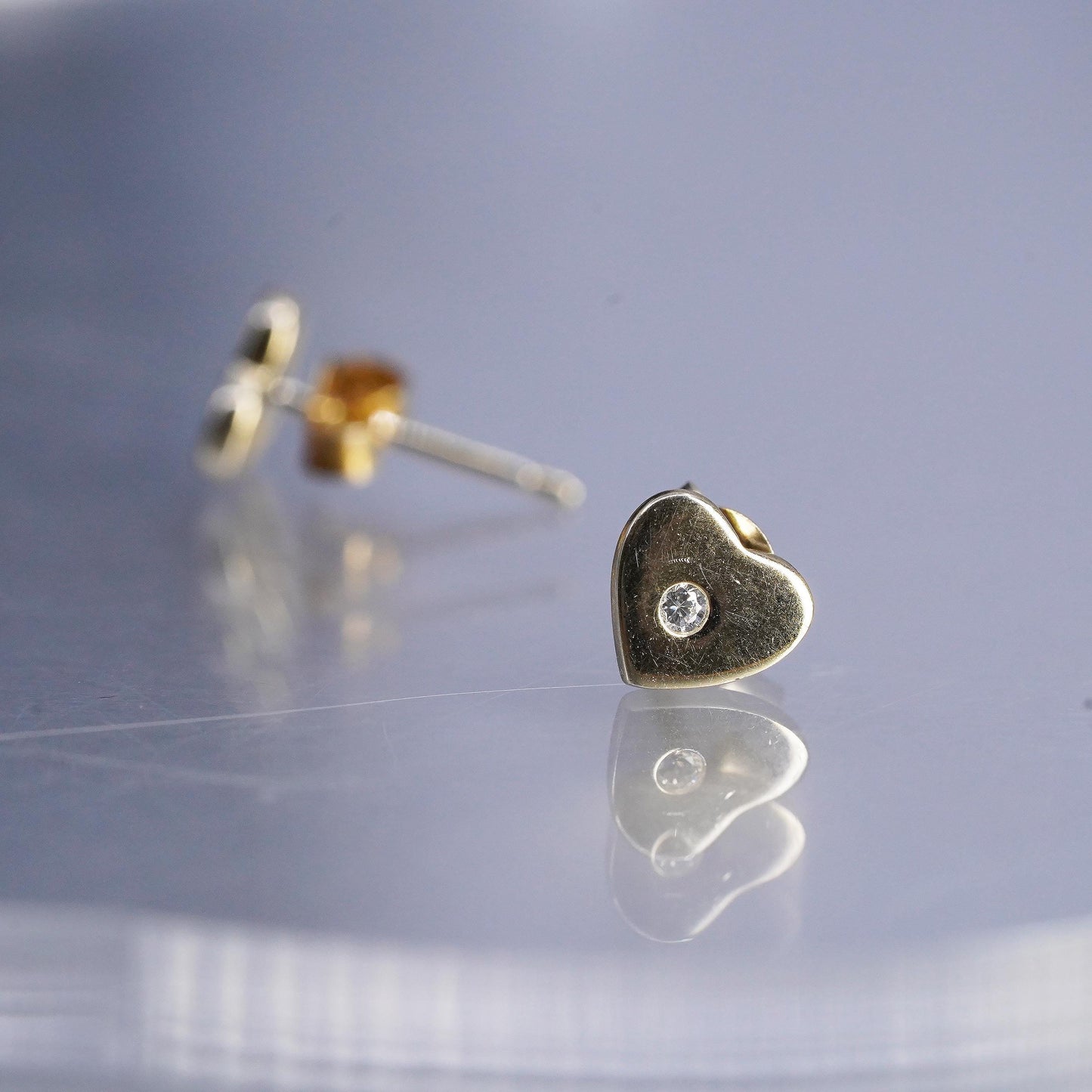 Vintage yellow gold plated Sterling 925 silver heart earrings, studs with cz