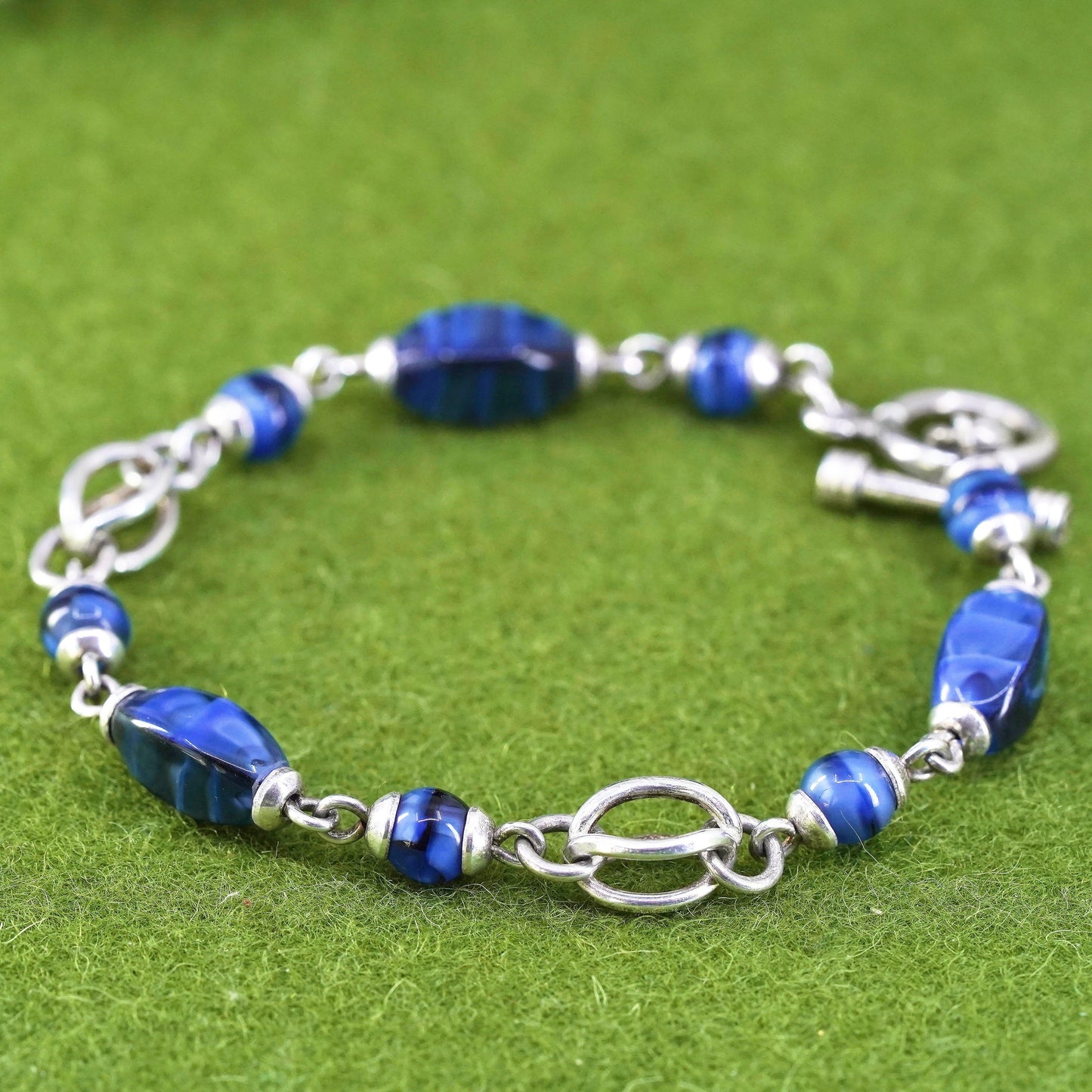 6.5”, Vintage Mexican sterling 925 silver bracelet with blue tiger eye nuggets