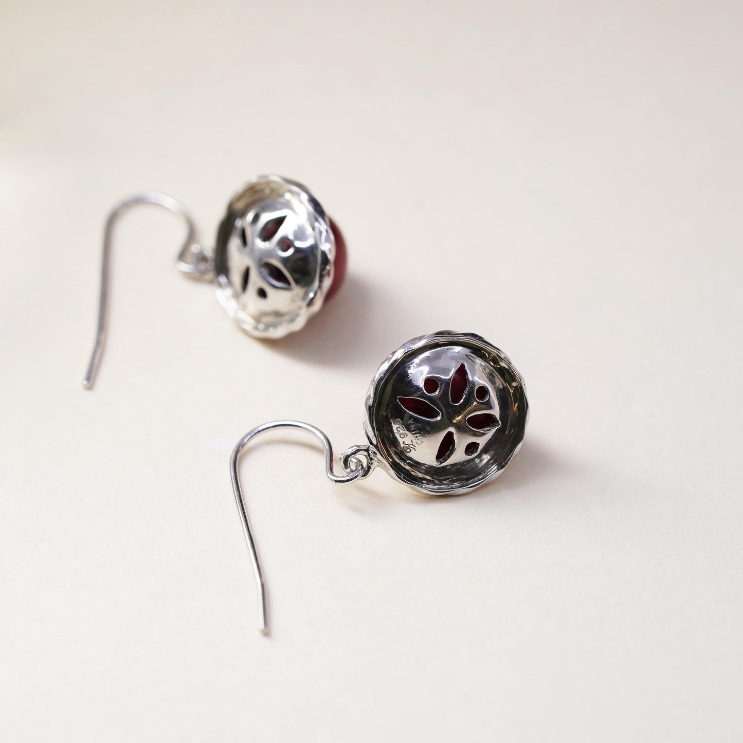 Vintage Sterling silver handmade earrings, 925 hooks with red pearl drops