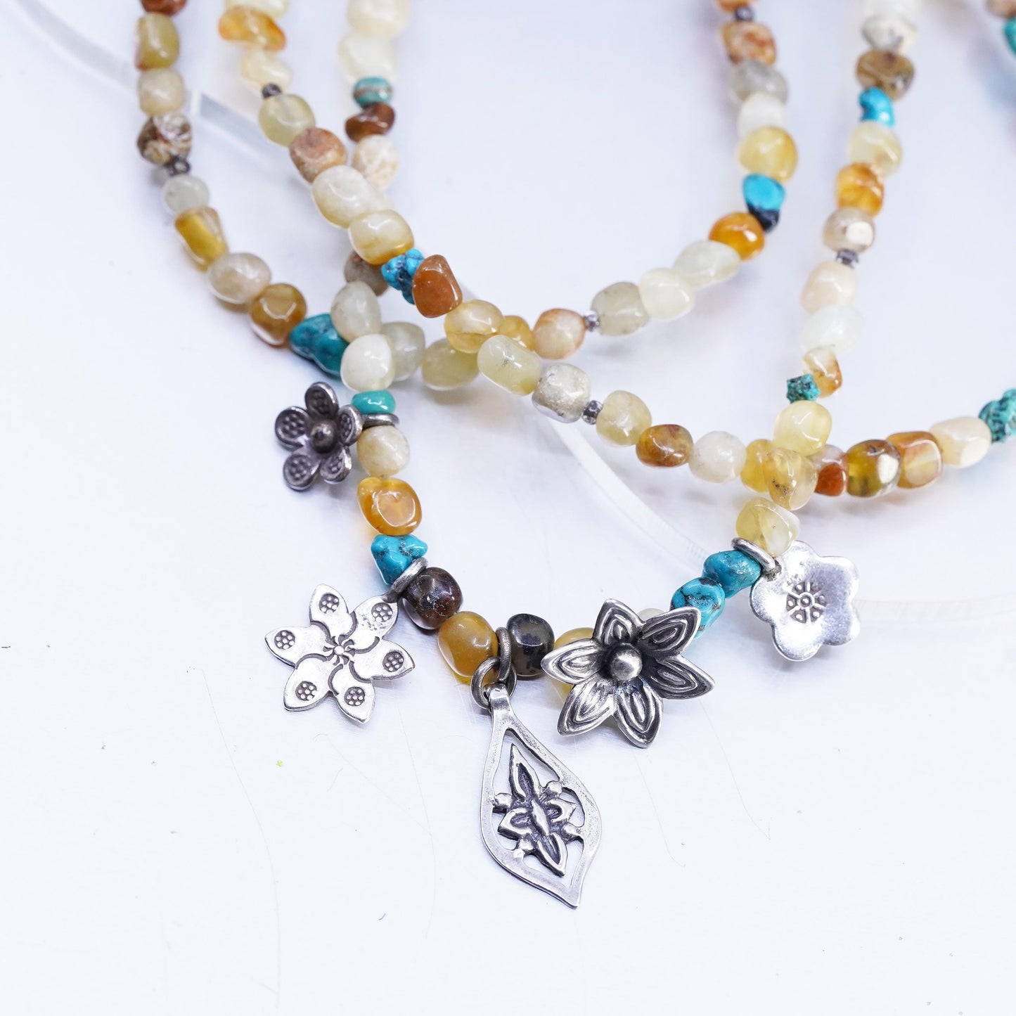 18" Tica Rosa Sterling 925 Silver Multi Strands multi gemstones Necklace flower