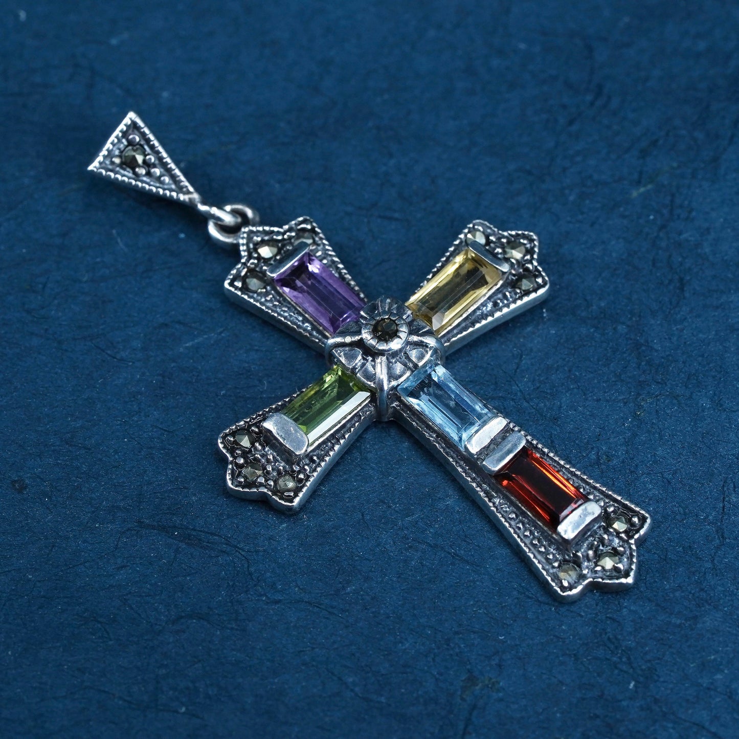 Sterling 925 silver cross pendant with ruby peridot citrine amethyst marcasite