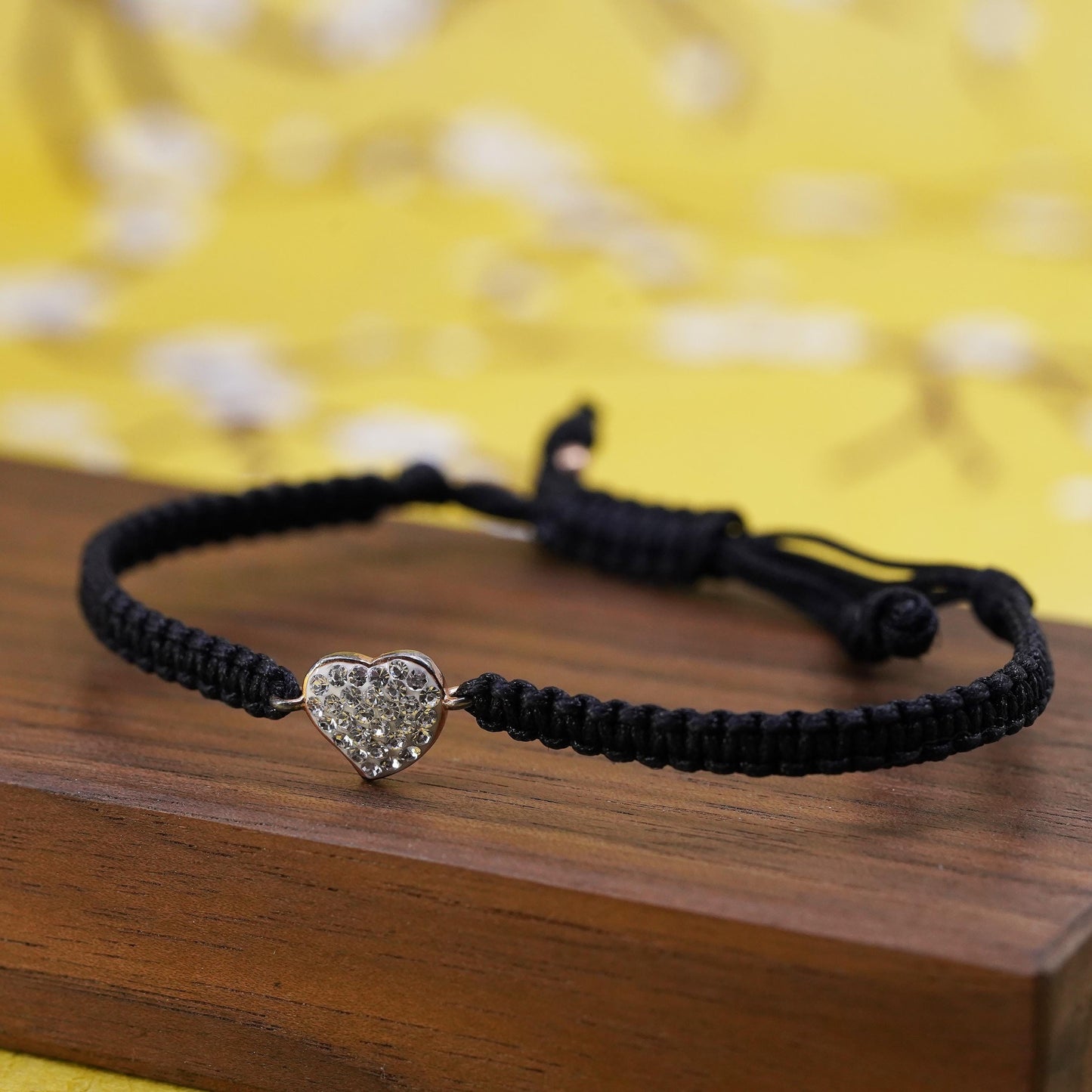8", black linen thread bracelet with Sterling 925 silver heart charm cluster cz