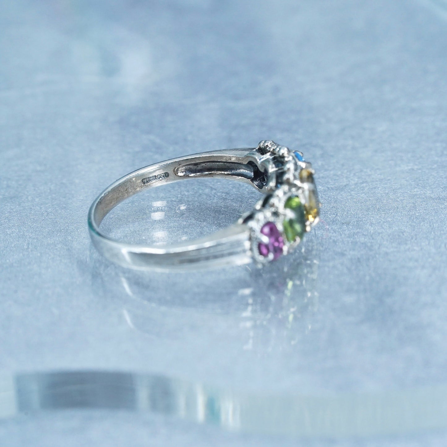 Size 9, vintage Sterling 925 silver ring w/ amethyst peridot citrine ruby topaz