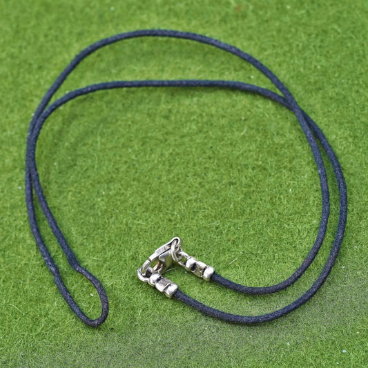 16" vintage Sterling 925 silver handmade necklace, black linen chain