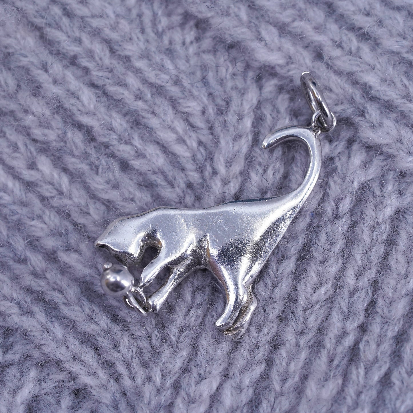 Vintage 925 Sterling Silver handmade kitty cat pendant with ball charm