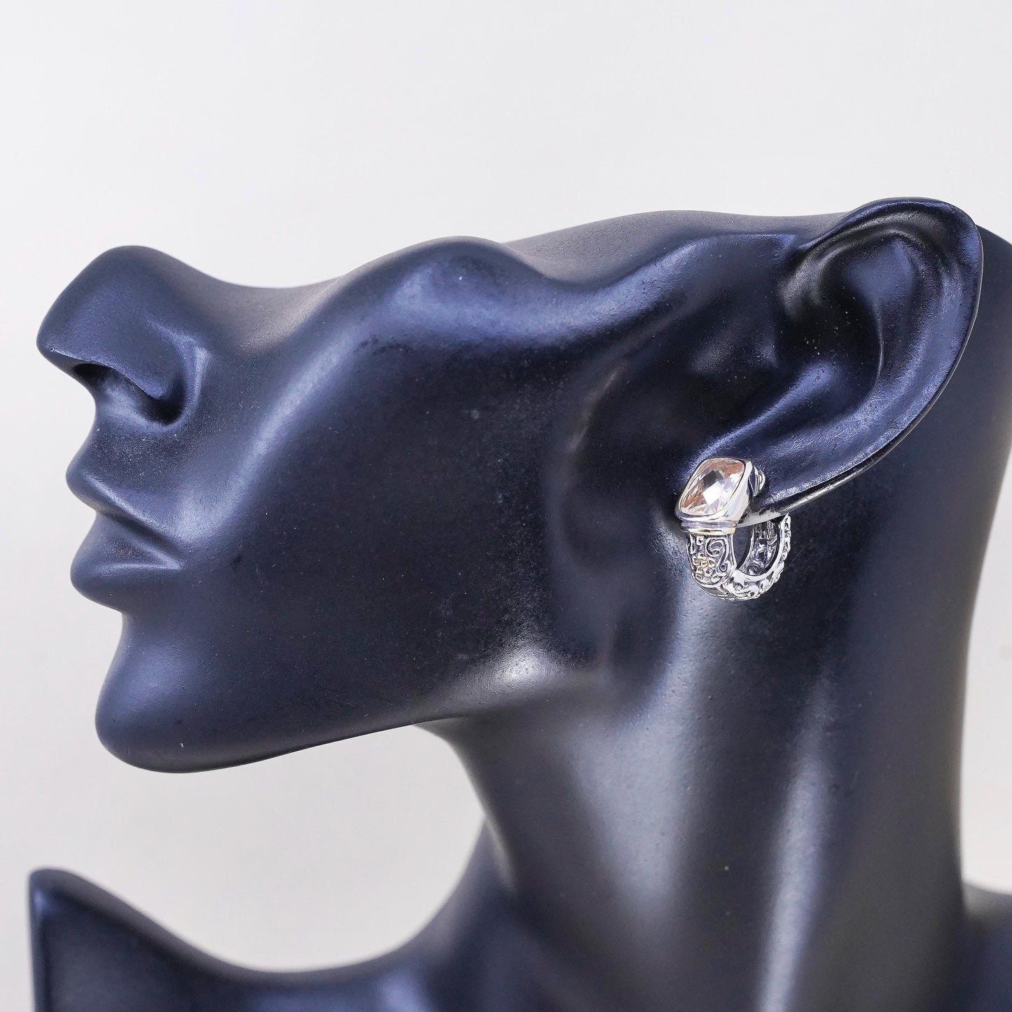Vintage sterling silver earrings, filigree floral 925 huggie hoops citrine