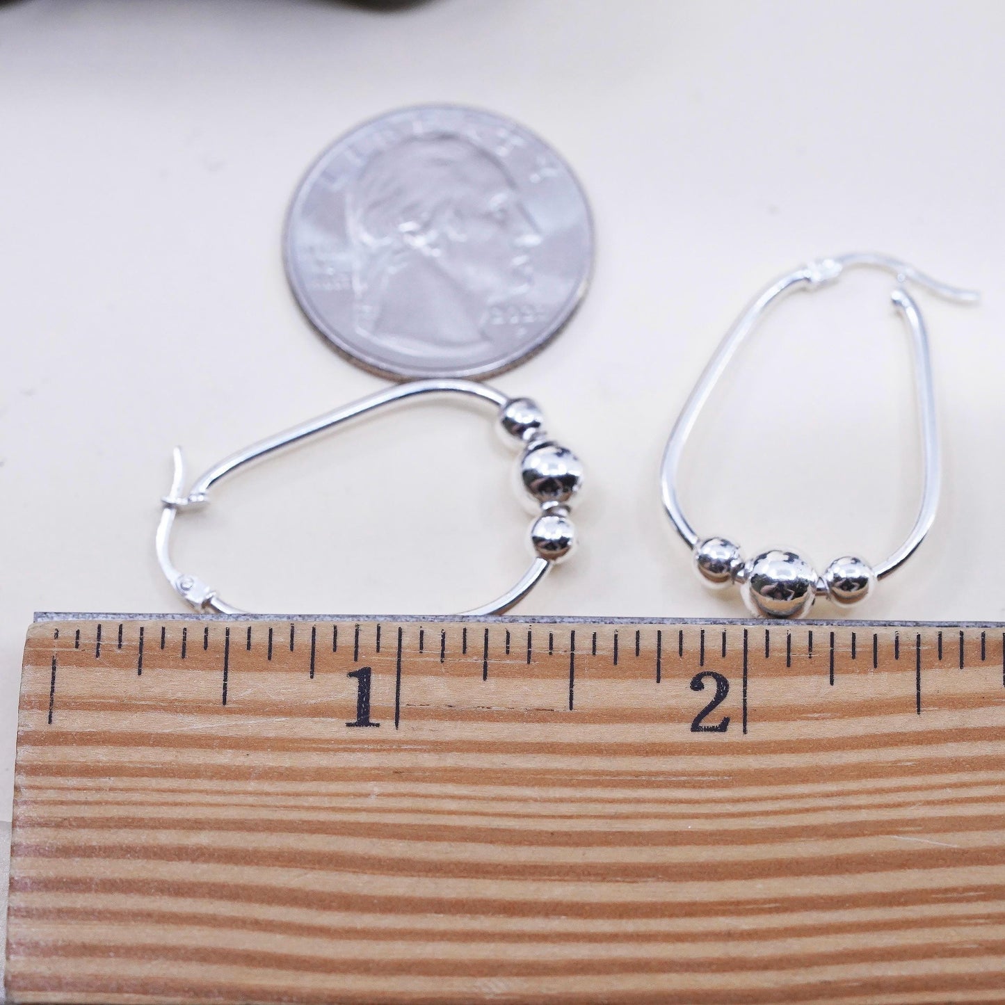 1.25”, Vintage sterling 925 silver loop handmade earrings, beaded oval hoops