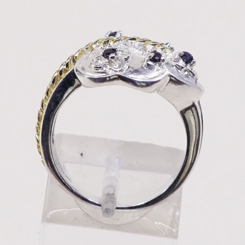 Size 7.25, Vtg Two Tone Sterling 925 Silver Handmade Ring W/ Leaves N Sapphire