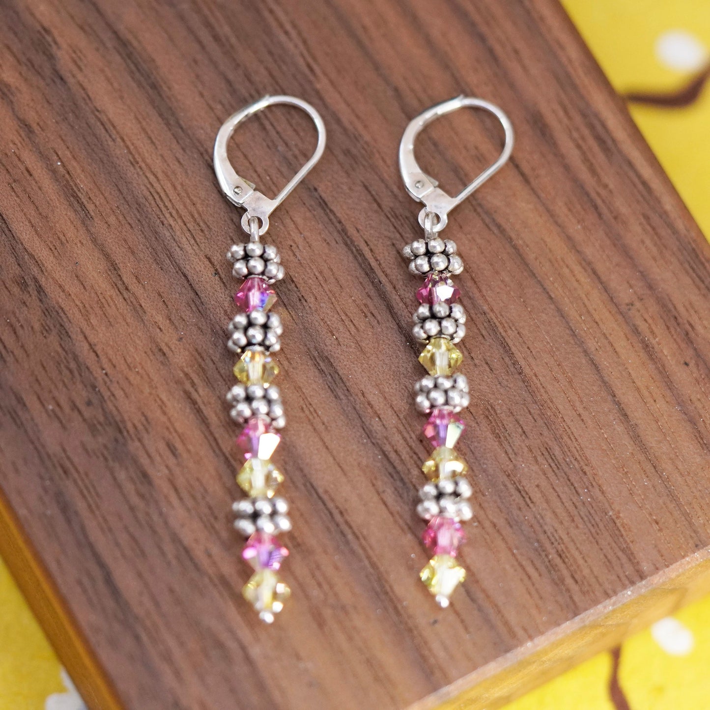 Vintage Sterling silver 925 handmade earrings with pink yellow crystal