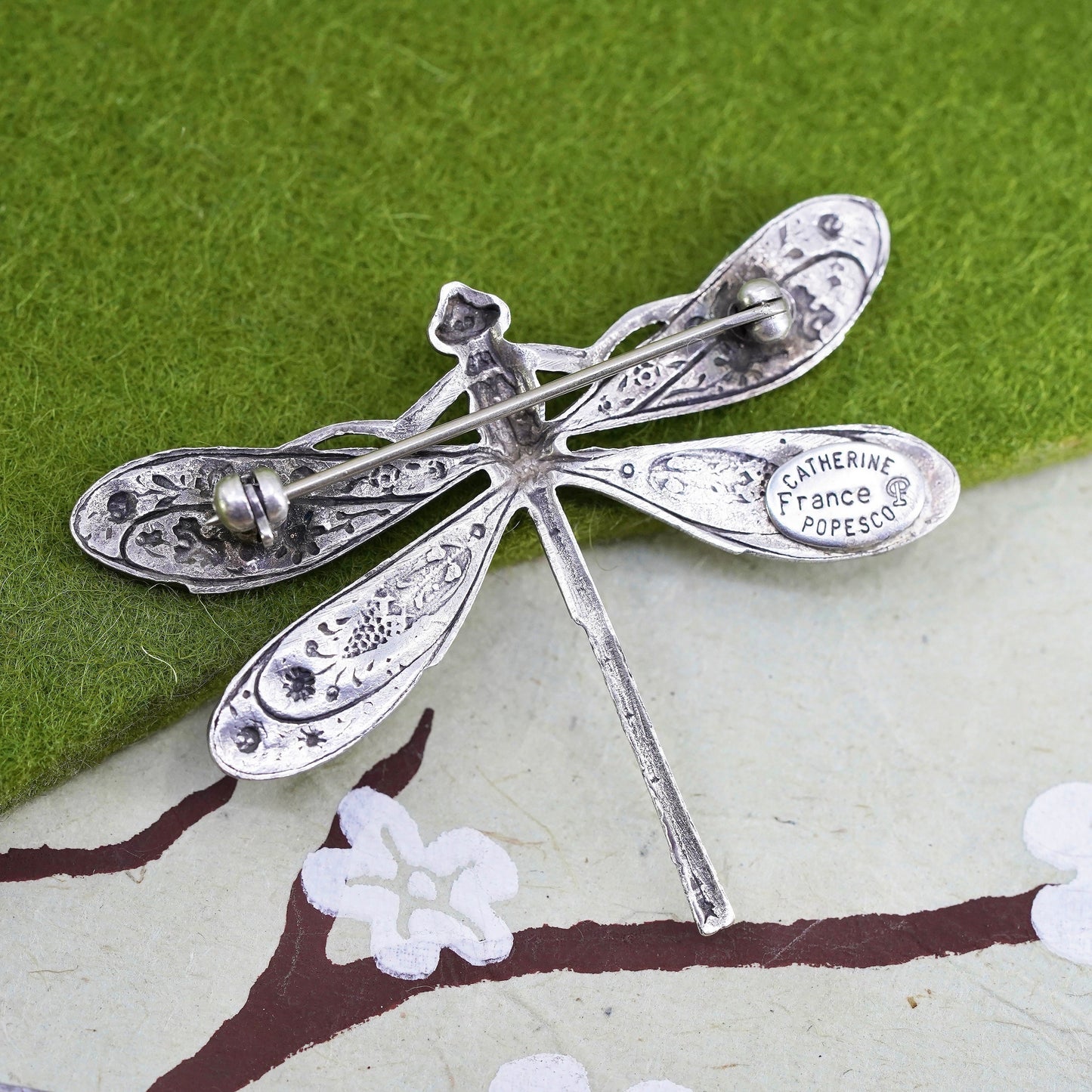 Vintage Catherine Popesco France enamel Silver Tone Rhinestone Dragonfly Pin