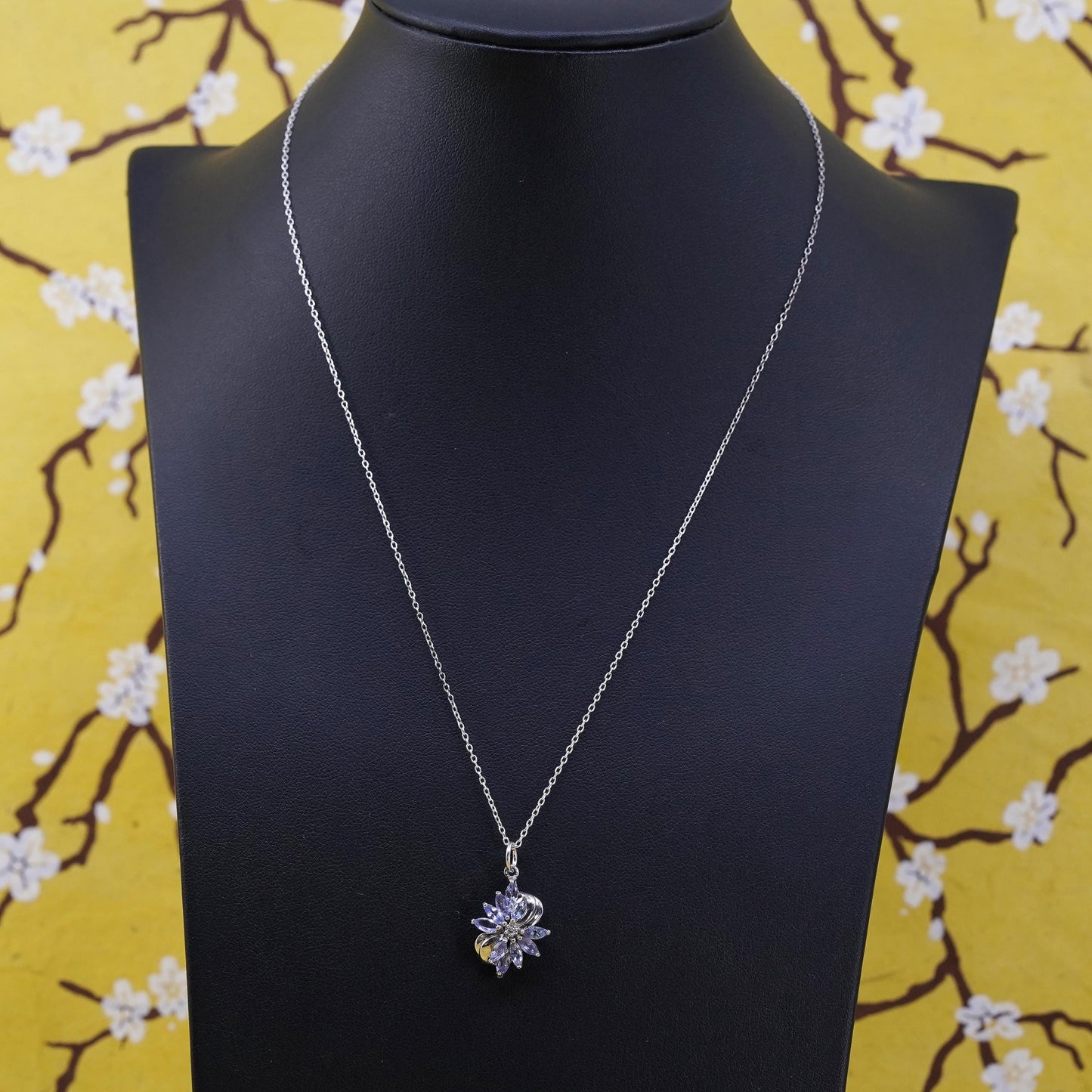 18" Sterling silver handmade necklace, 925 circle chain amethyst flower pendant