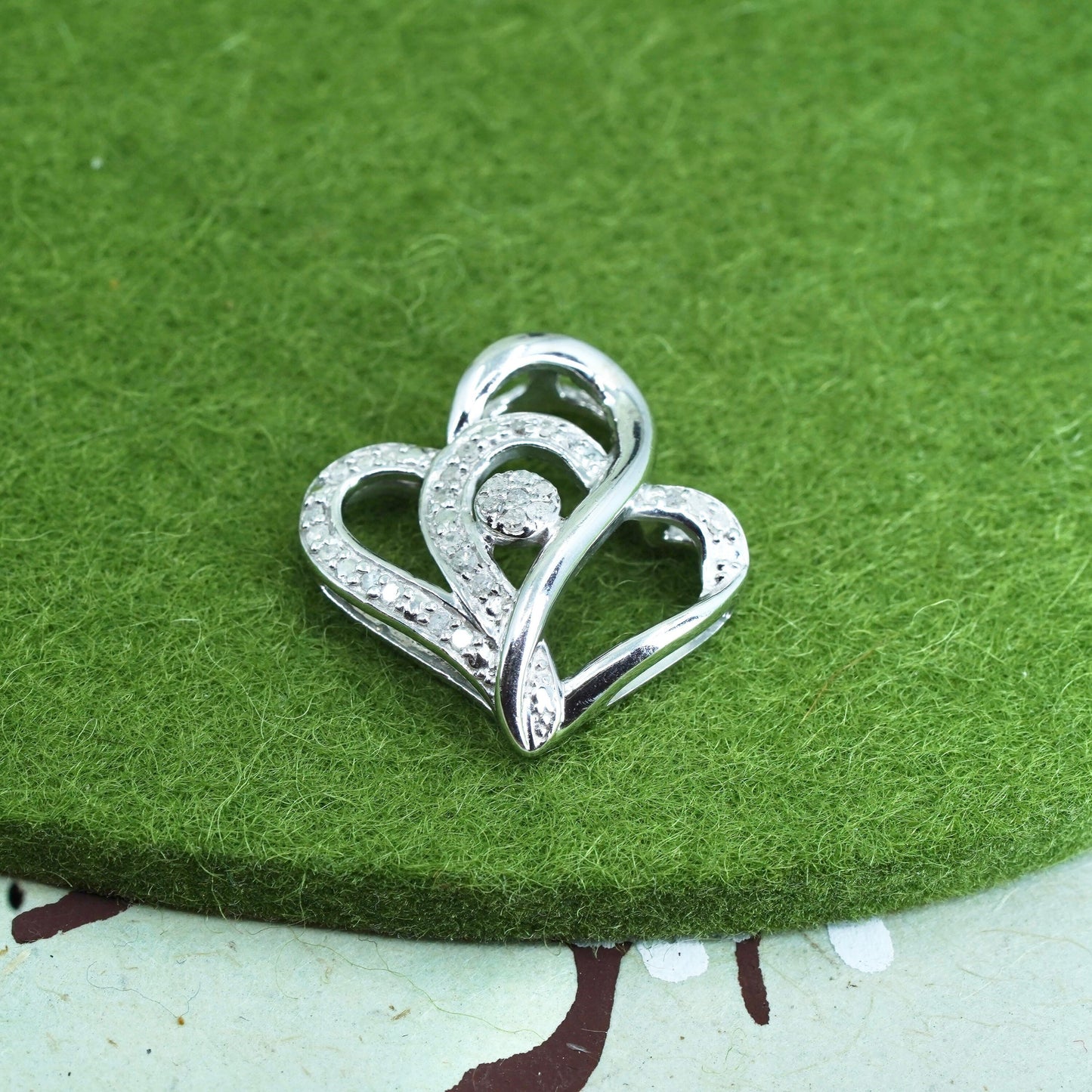 vintage Sterling silver Pendant, 925 double heart with real diamond