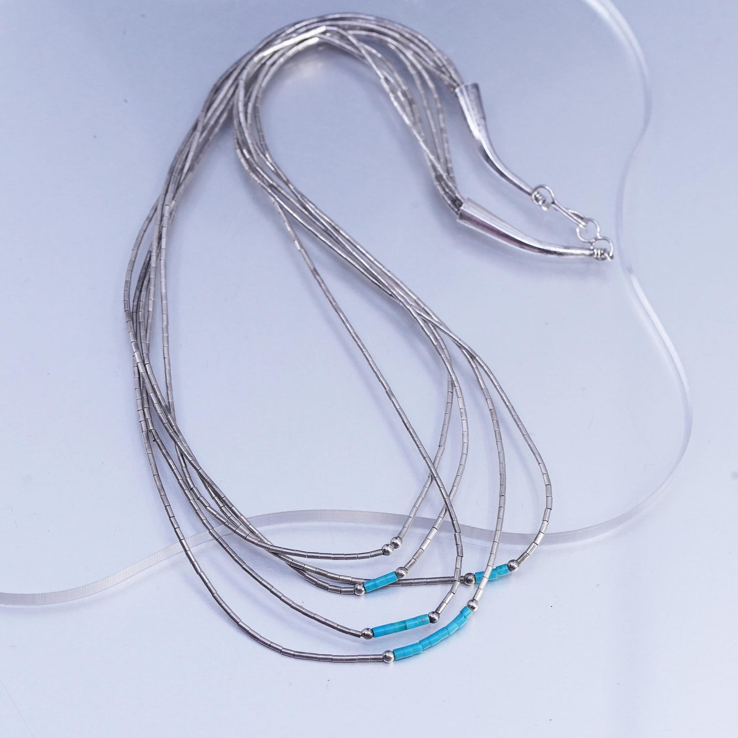 16" Native American Sterling 925 multi strands liquid silver necklace turquoise