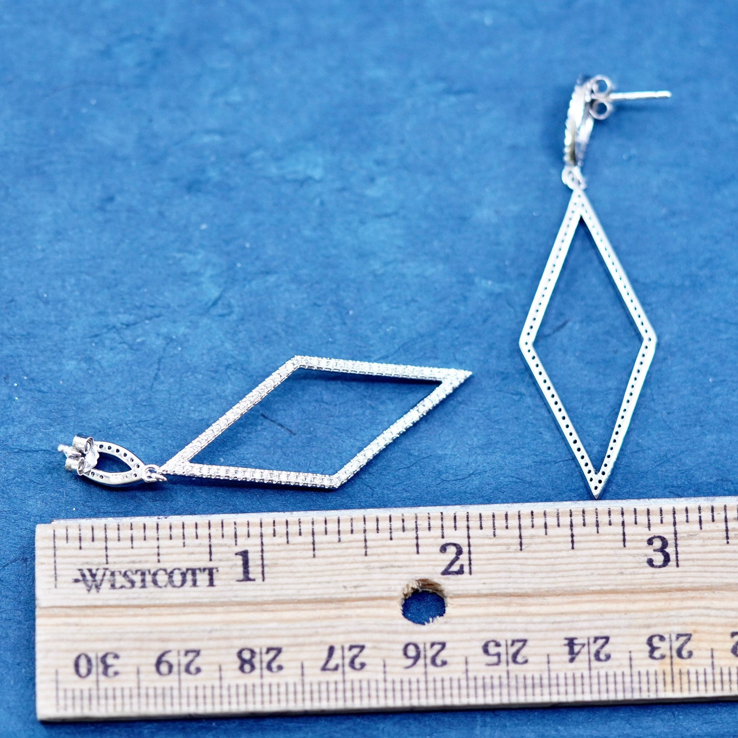 Vintage Sterling silver earrings, 925 diamond shaped dangles with cluster cz