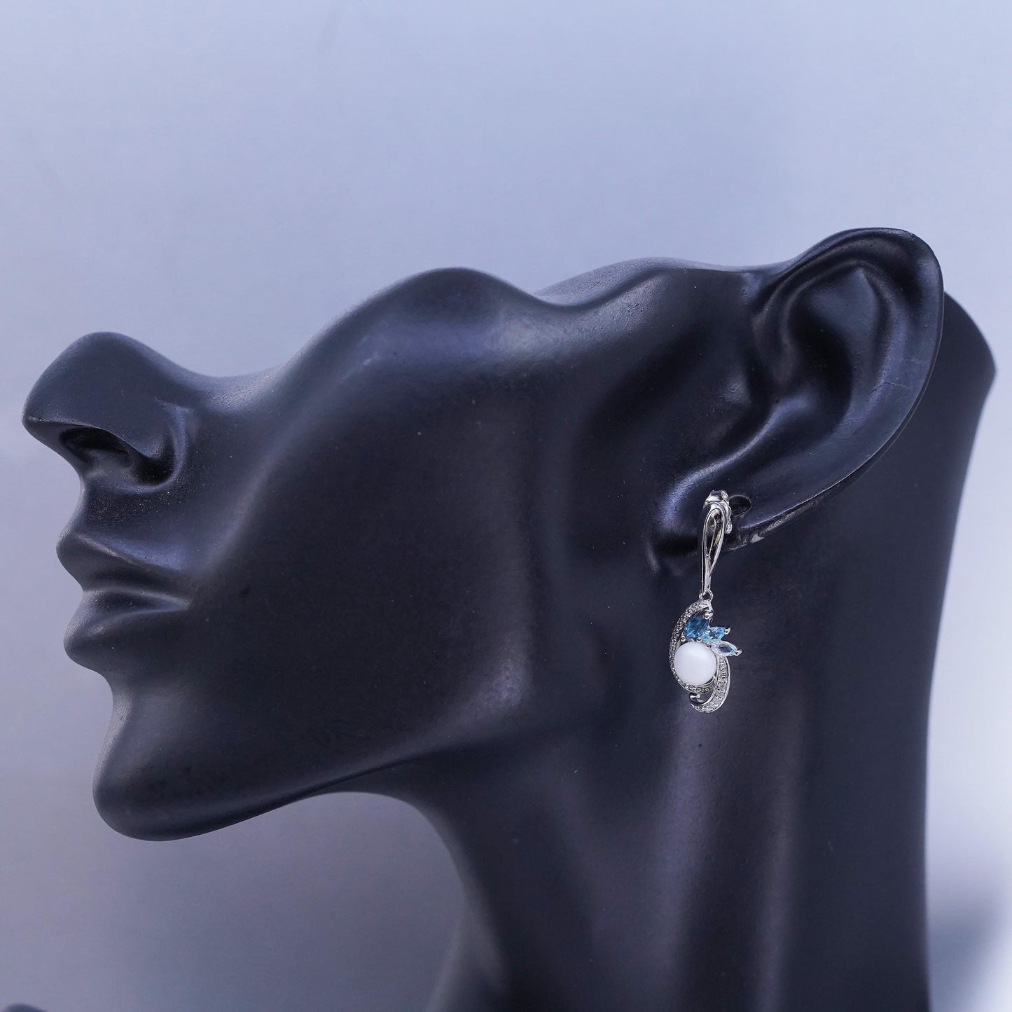 Vintage Sterling 925 silver handmade earrings with pearl topaz and diamonds