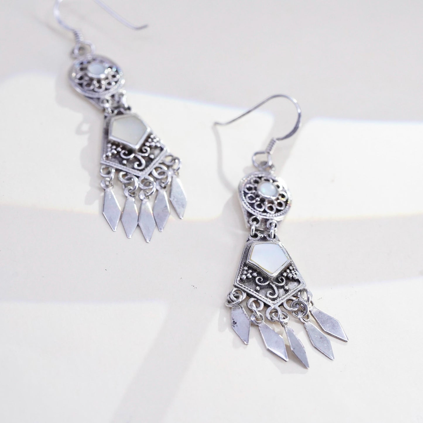 Vintage southwestern 925 Sterling silver earrings mother of pearl inlay fringes