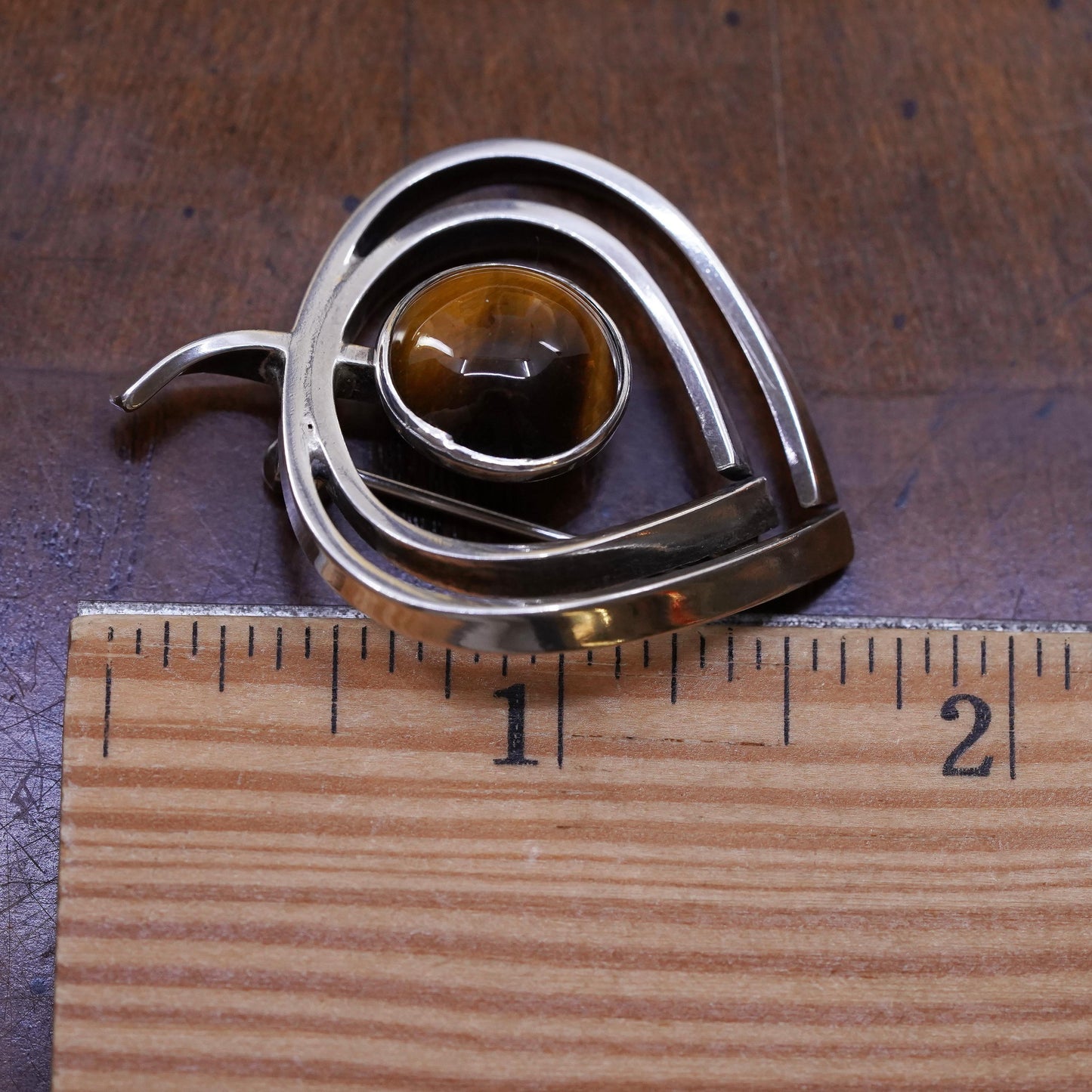 Vintage handmade sterling 925 silver leaf shaped brooch with golden tiger eye