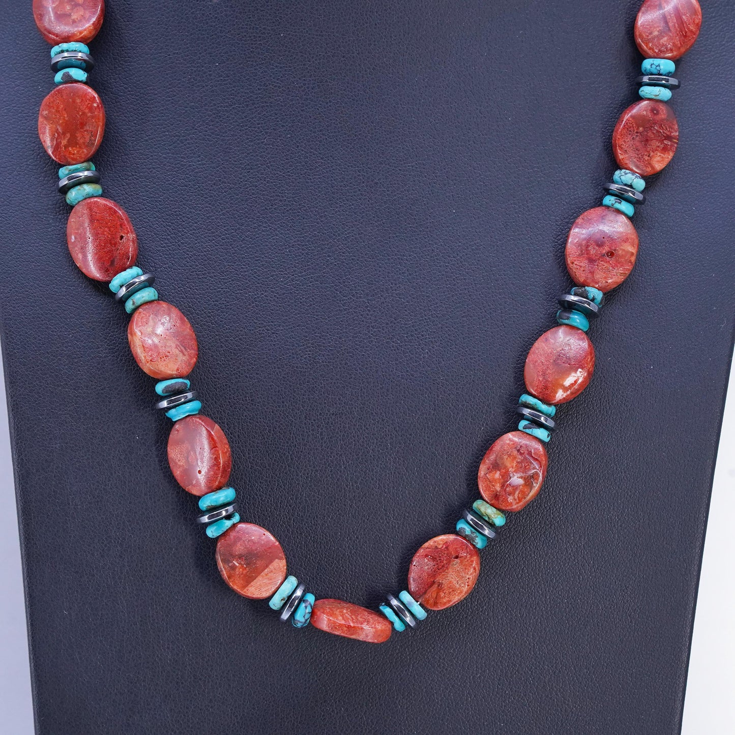 22", Native American Sterling Silver 925 necklace green turquoise coral beads