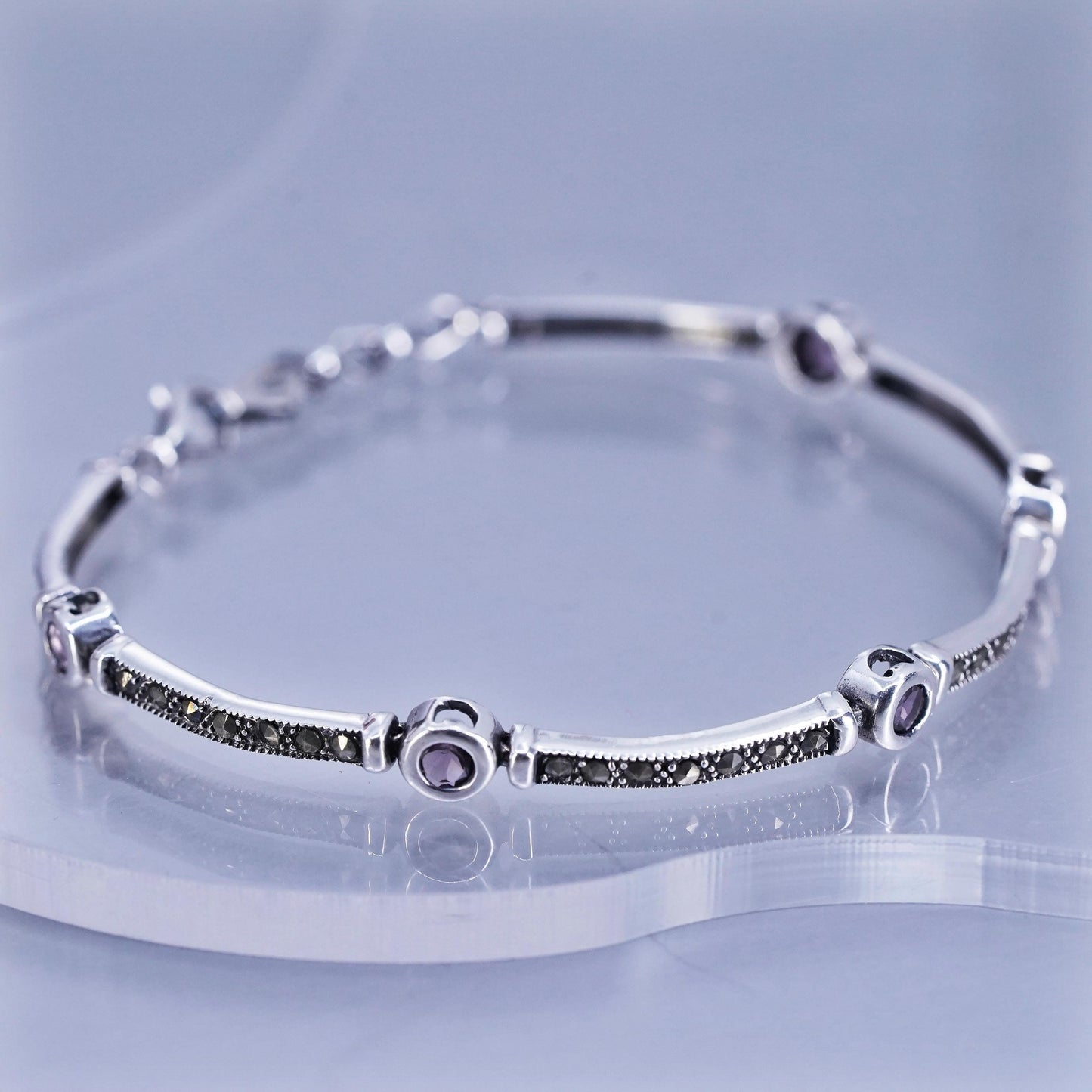 7.5”, Sterling 925 silver handmade bracelet, marcasite amethyst tennis chain