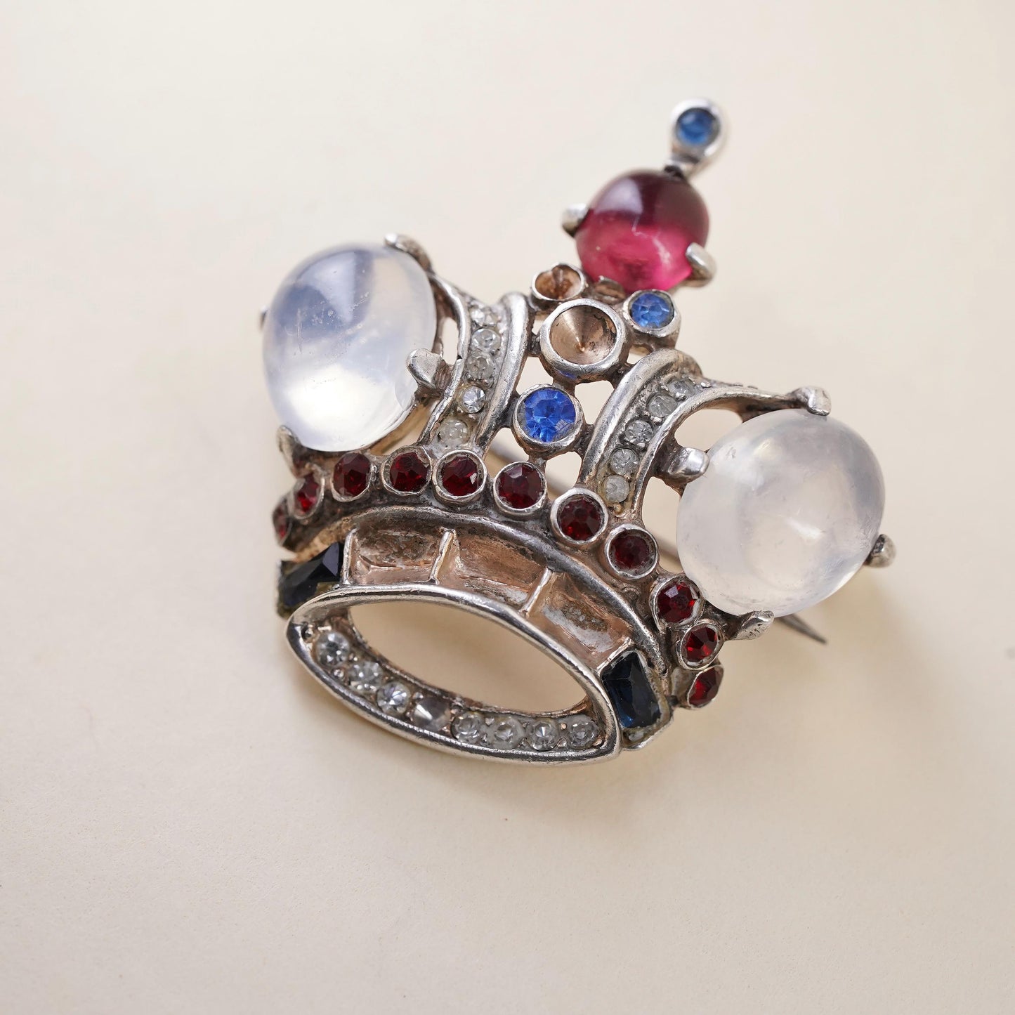 Trifari Alfred Philippe Sterling Silver Brooch 1942 Moonstone Royal Crown Pin
