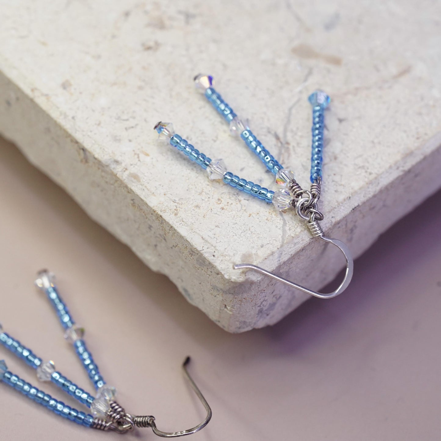 Vintage sterling silver 925 handmade earrings with blue crystal beads