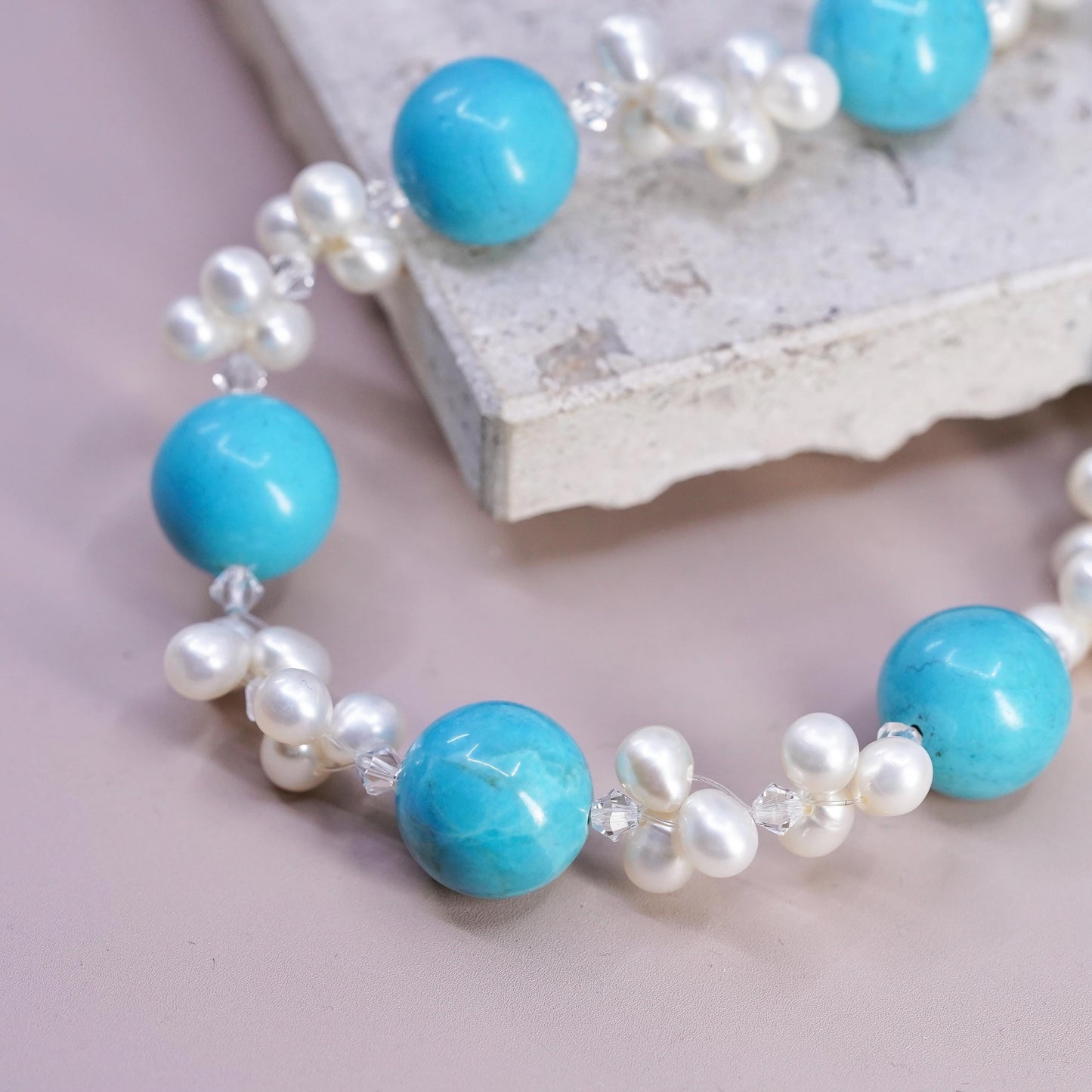 18+1.5", Sterling 925 silver necklace w/ freshwater pearl 15mm turquoise beads