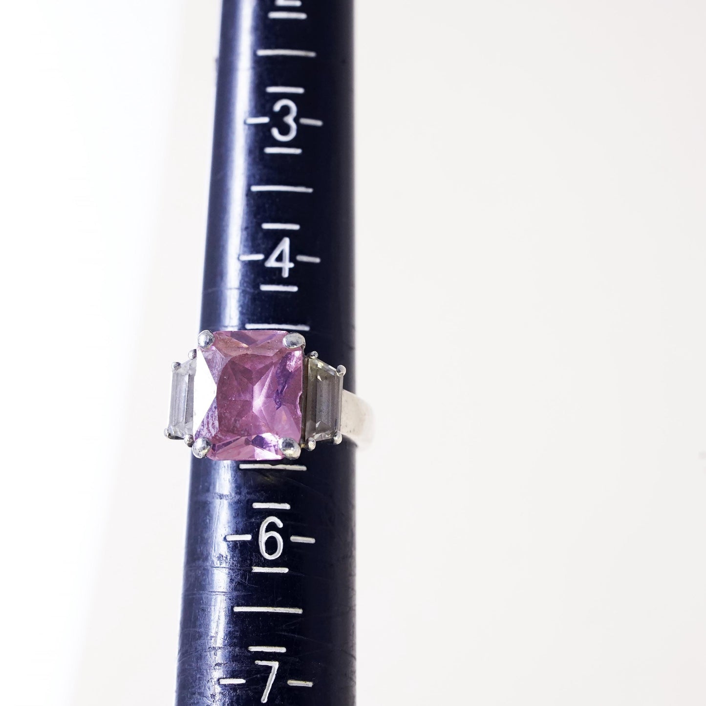 Size 8.25, Vintage Sterling 925 silver ring with square pink Quartz clear cz