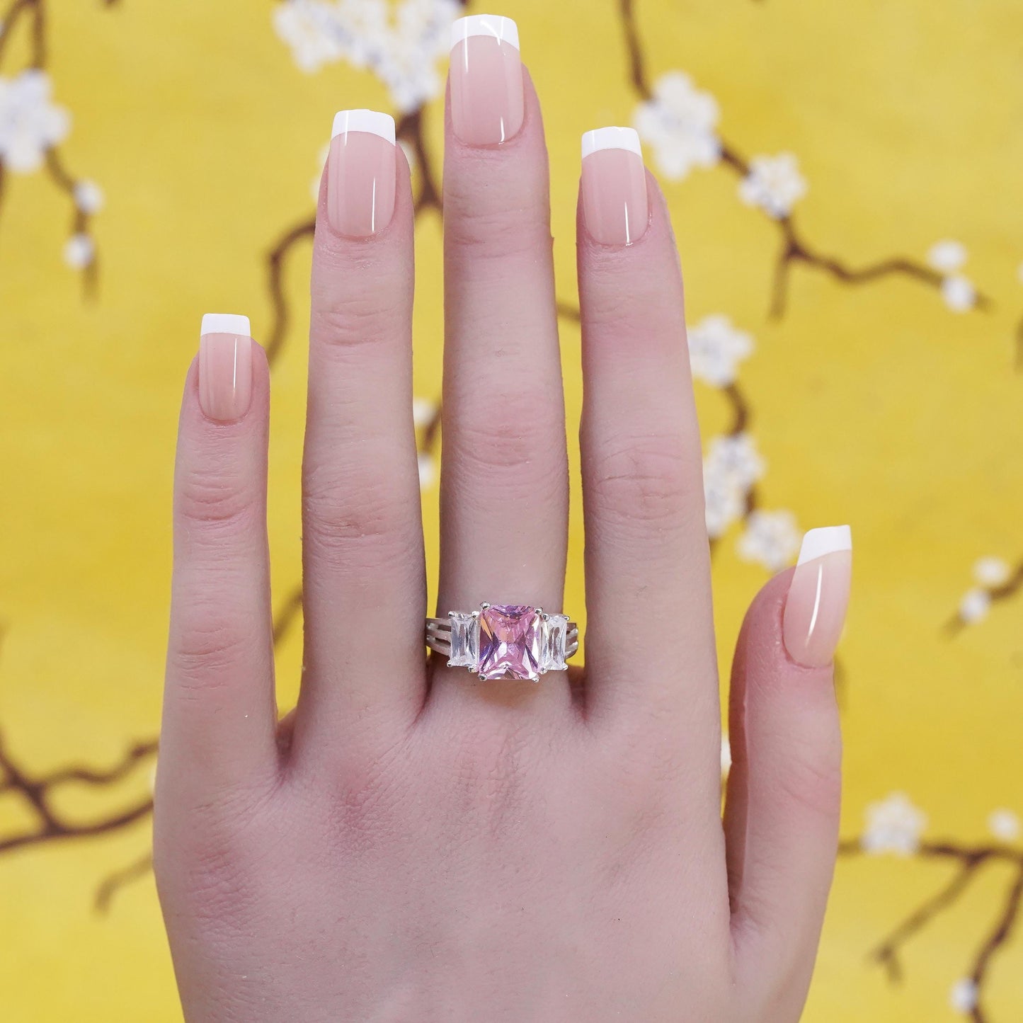Size 7.5, vintage Sterling 925 silver ring with pink crystal and clear cz
