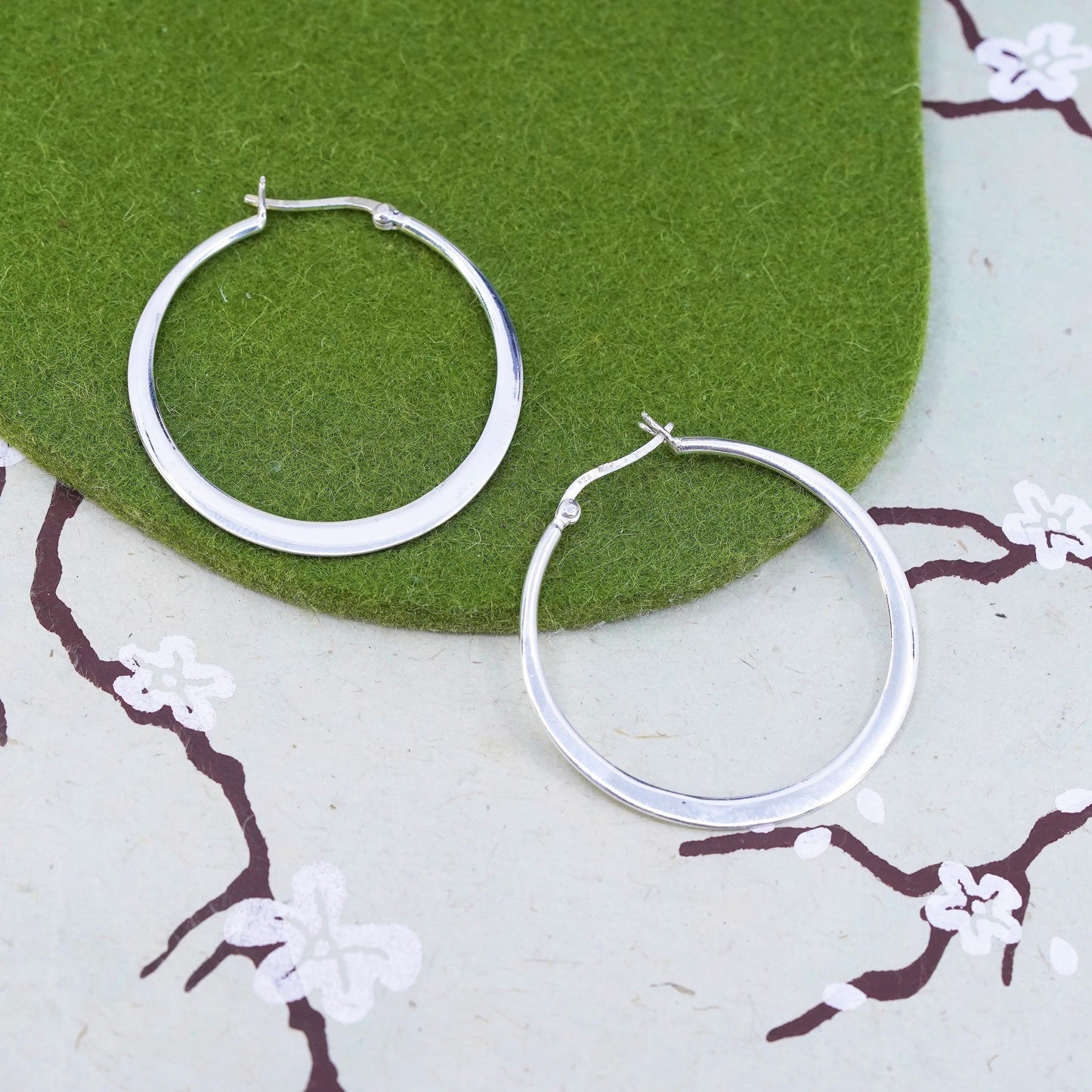1.75", VTG sterling silver loop earrings, flatten minimalist primitive hoops