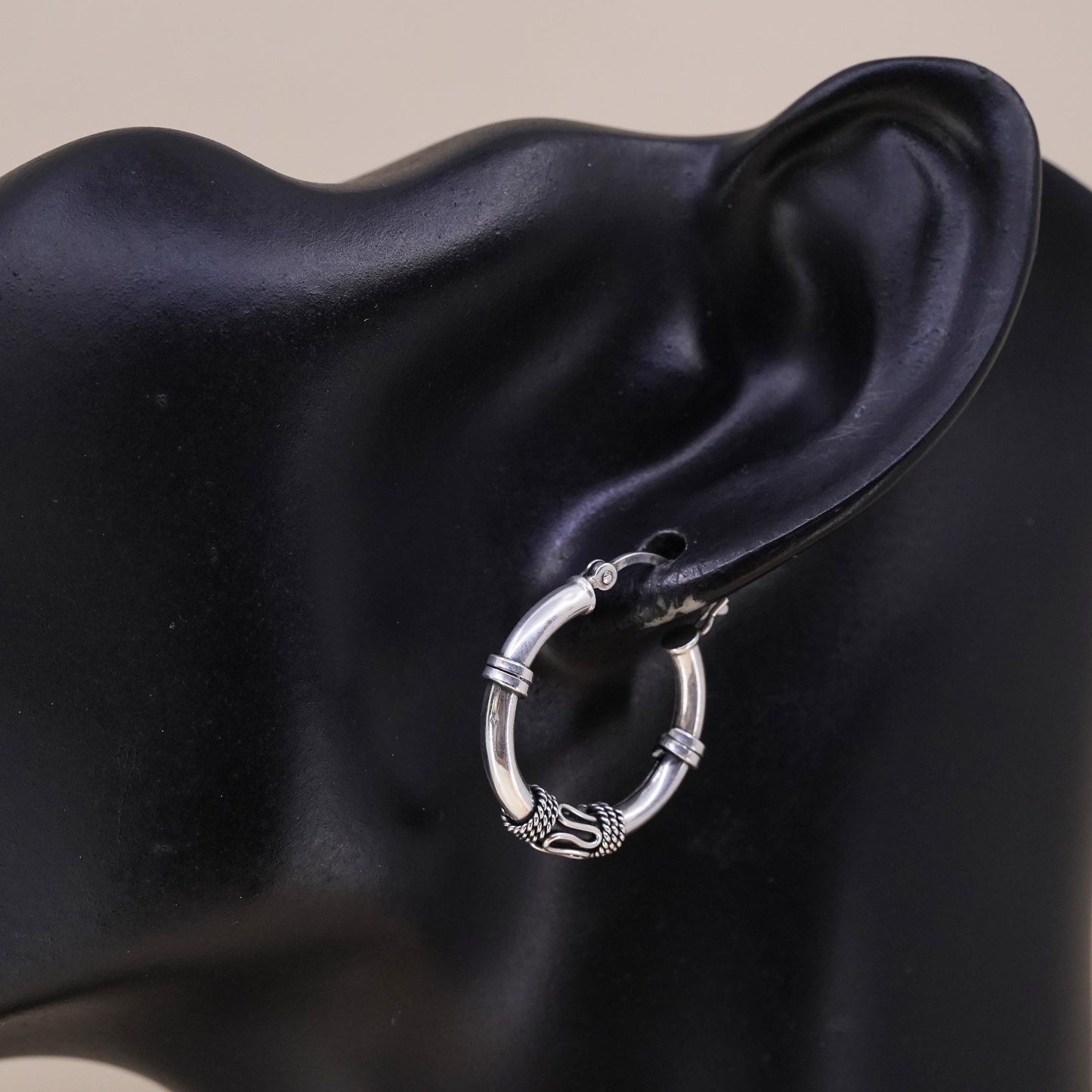 1", Vintage sterling silver loop single earring, textured wired hoop
