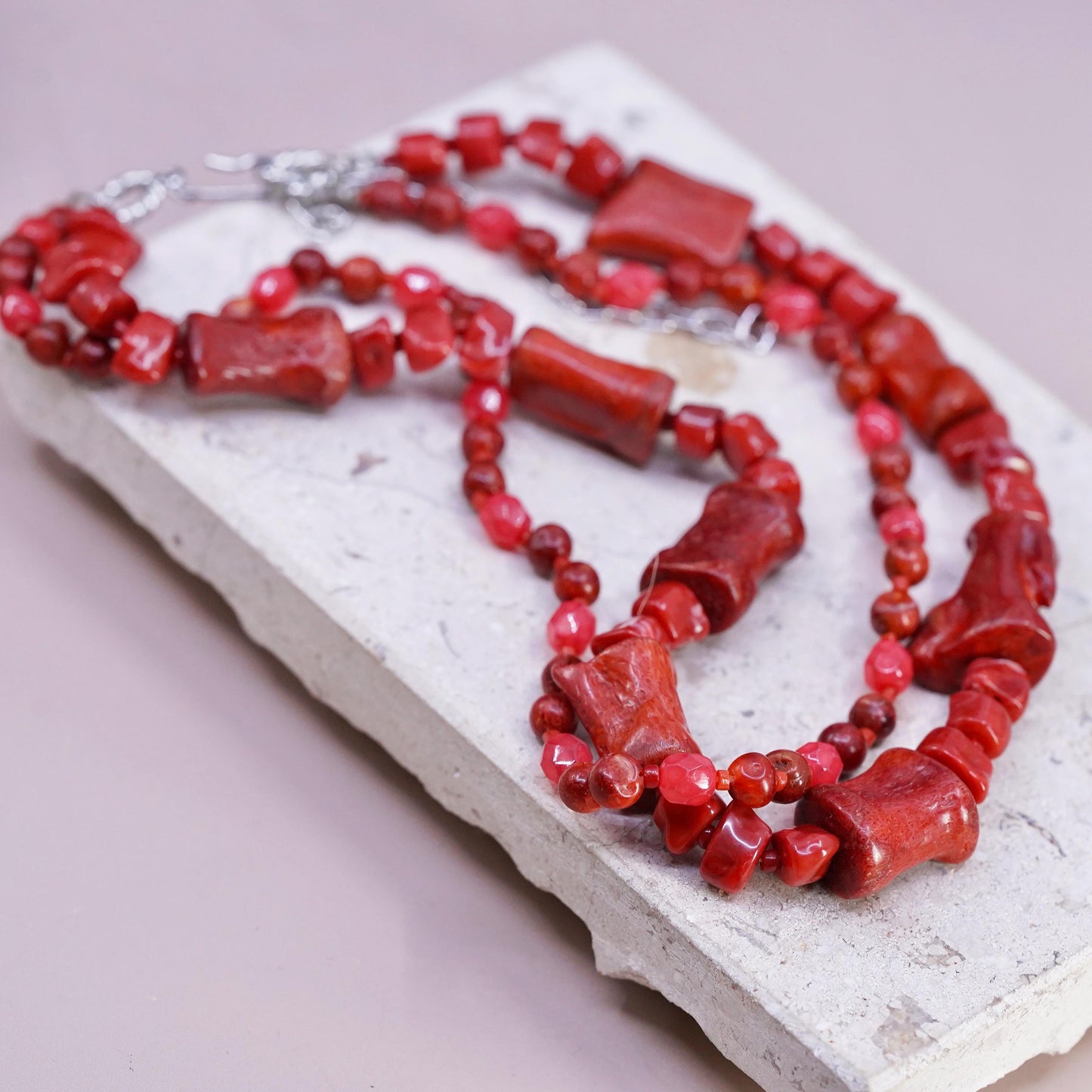 16+3", silver tone necklace, double strands coral beads necklace pendant