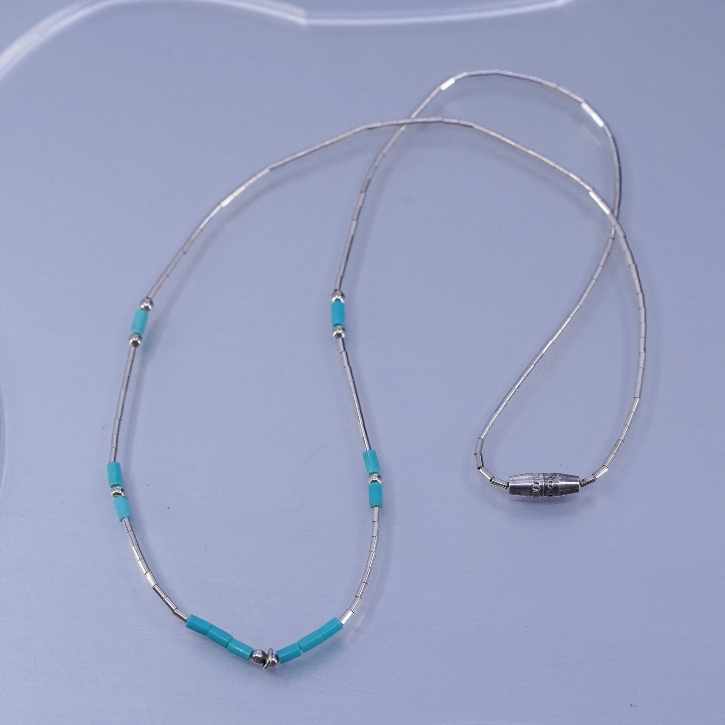 16”, Native American Sterling 925 liquid silver necklace with turquoise beads