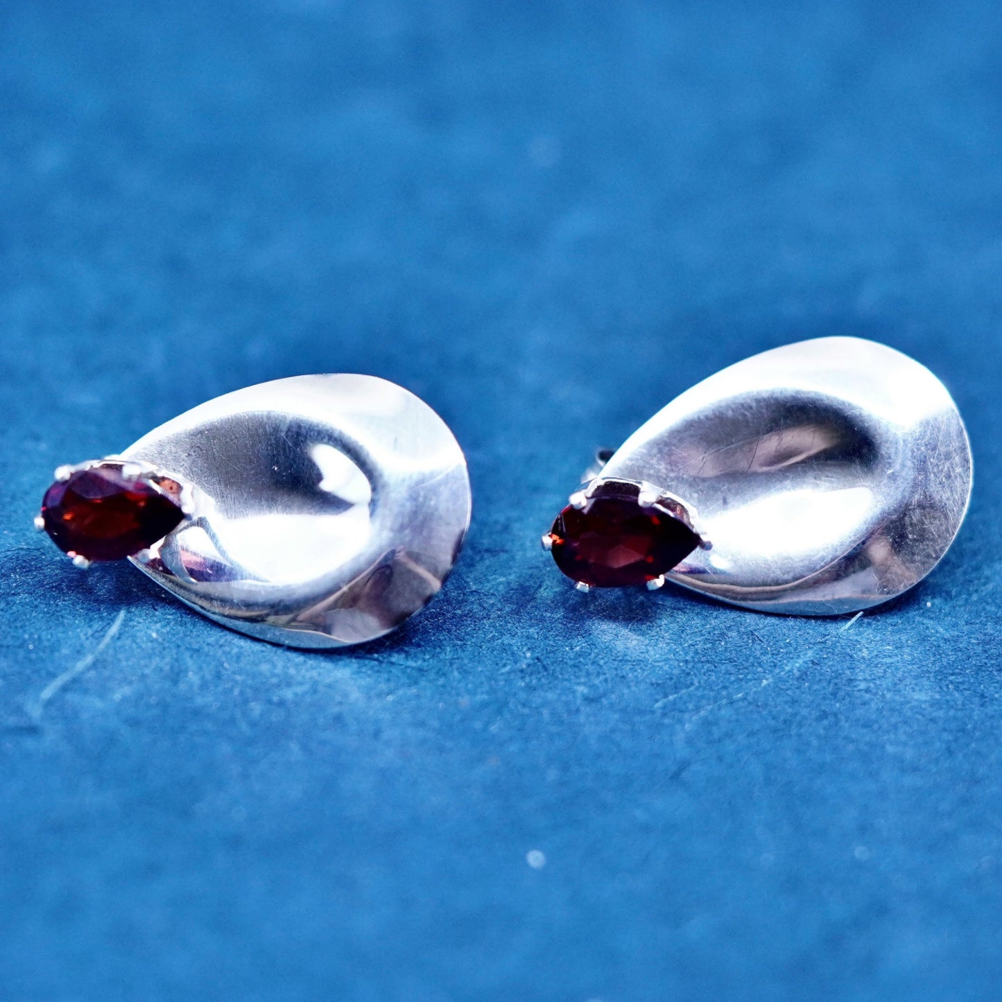 Vintage Sterling silver handmade earrings, 925 teardrop studs with ruby