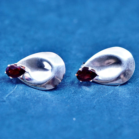 Vintage Sterling silver handmade earrings, 925 teardrop studs with ruby