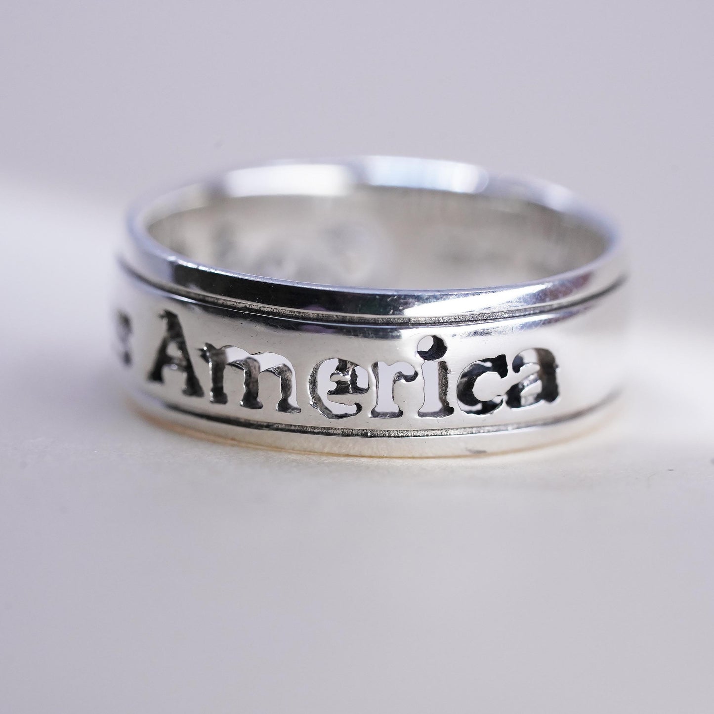 Size 7, VTG 925 Sterling Silver God Bless America Ring | Openwork Modern Band
