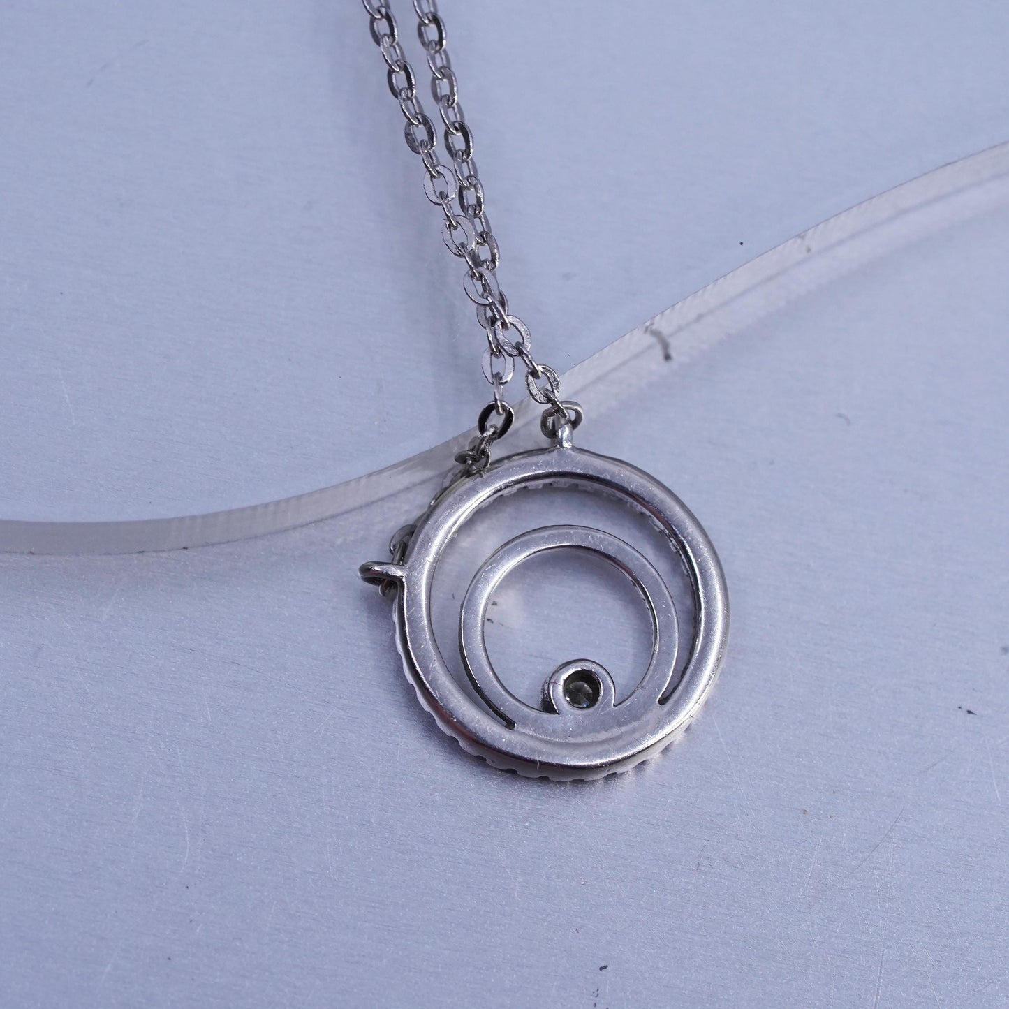16+2", vintage Sterling 925 silver circle necklace with cz evil eye pendant