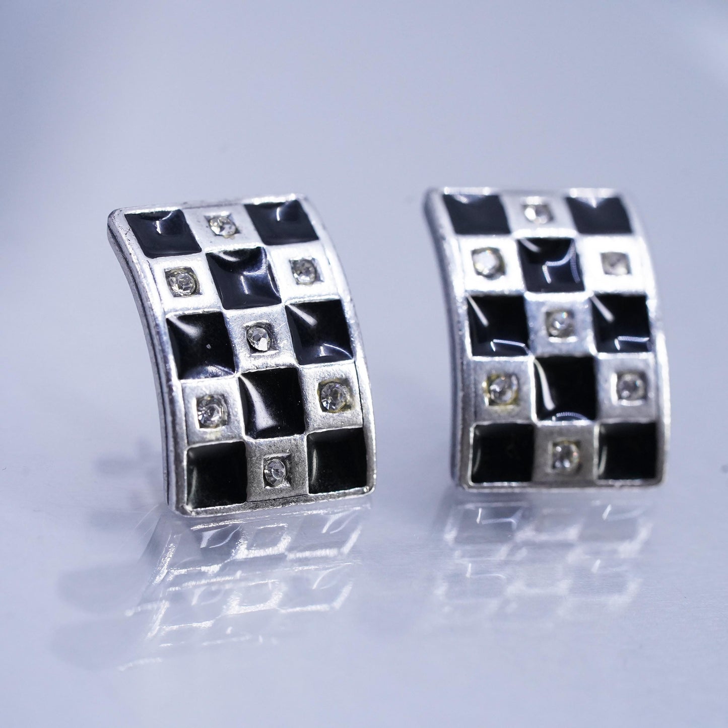 Vintage J JENAVI Designer Sterling 925 silver black enamel cz earrings, studs