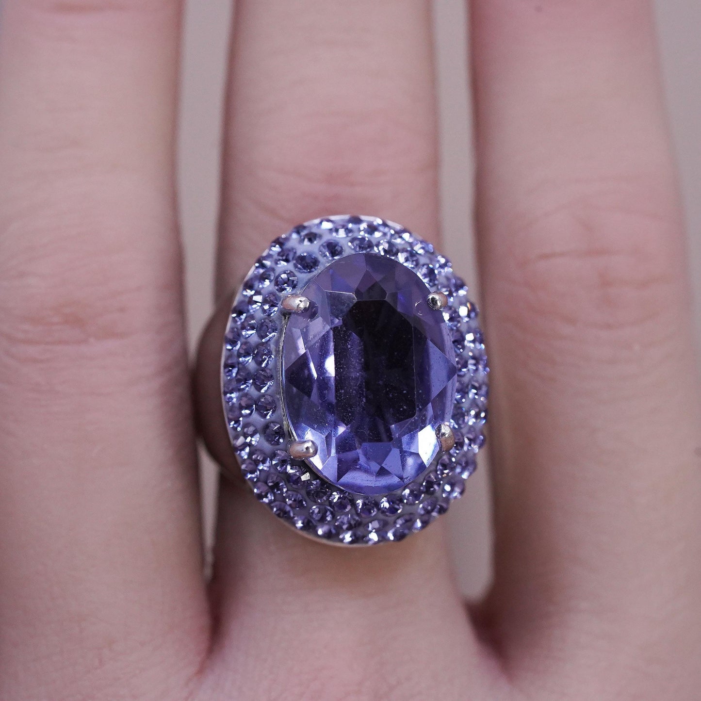 Size 7, vintage AU Sterling 925 silver Statement cocktail ring with amethyst Cz
