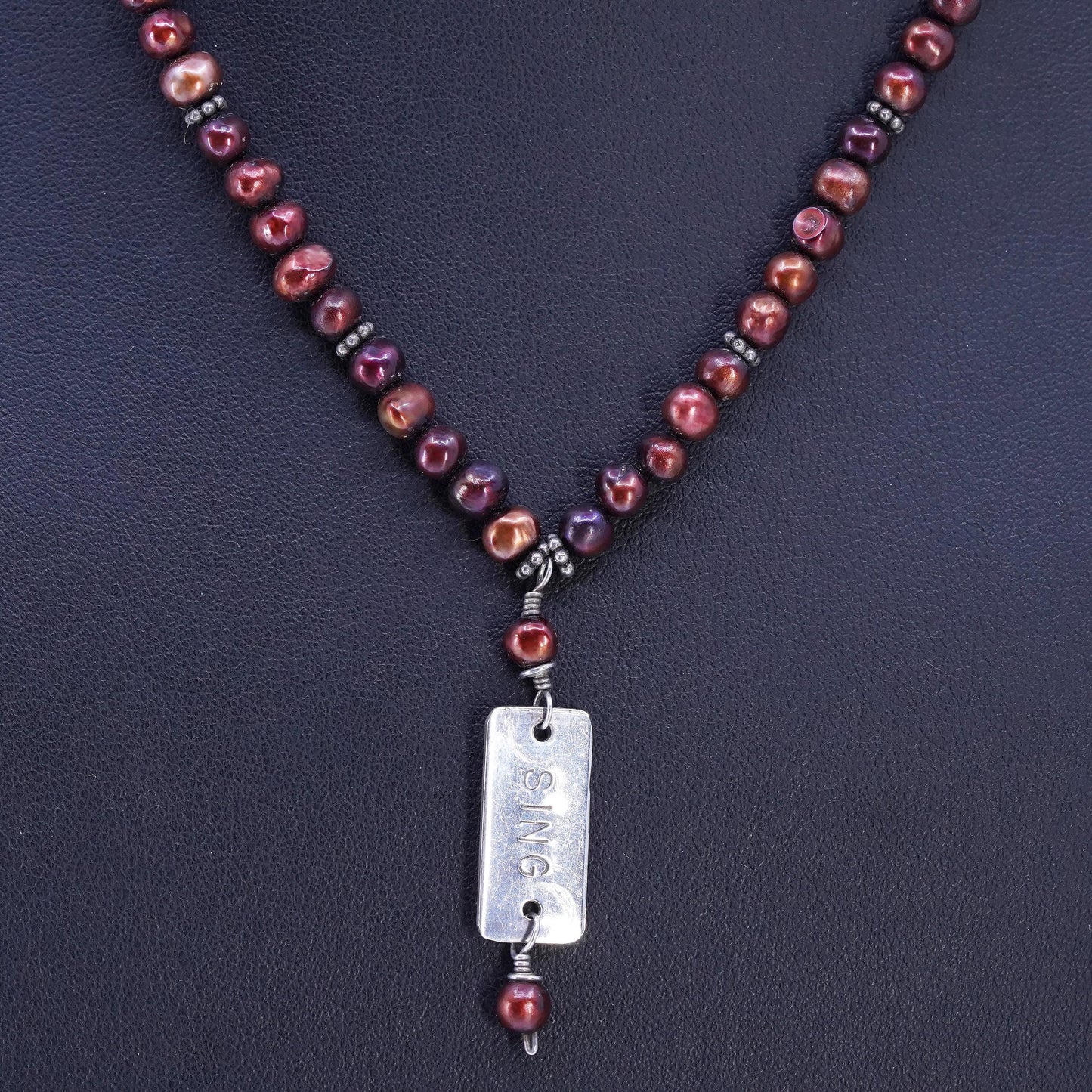 16", Vintage 5mm red freshwater pearl necklace Sterling 925 silver pendant Sing