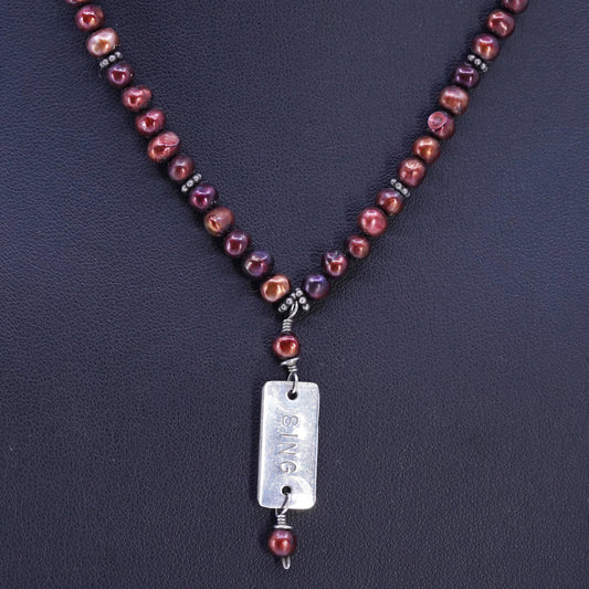 16", Vintage 5mm red freshwater pearl necklace Sterling 925 silver pendant Sing