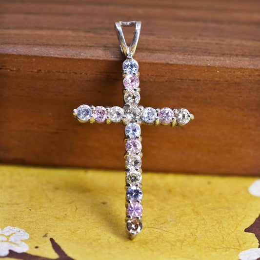 Vintage Sterling silver handmade pendant, 925 cross cluster Cz inlay, Christian