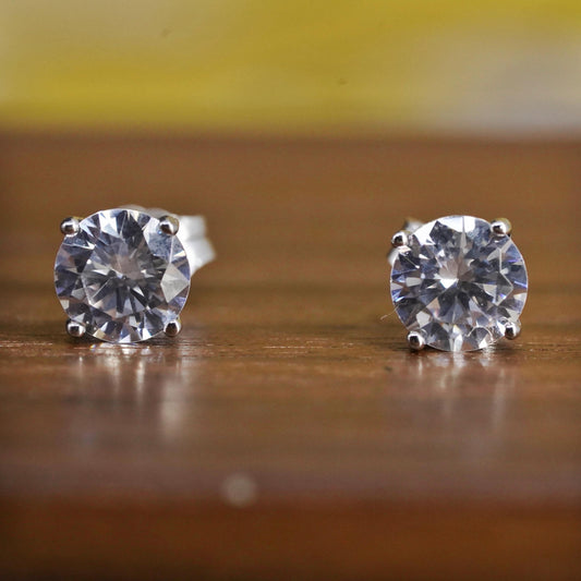 6mm, vintage Sterling silver clear round crystal studs, cz earrings
