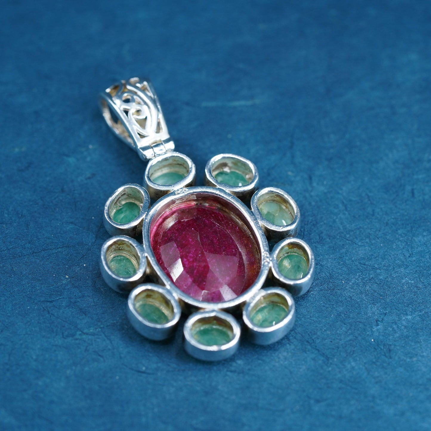 Vintage Sterling 925 silver handmade pendant with natural ruby and green jade